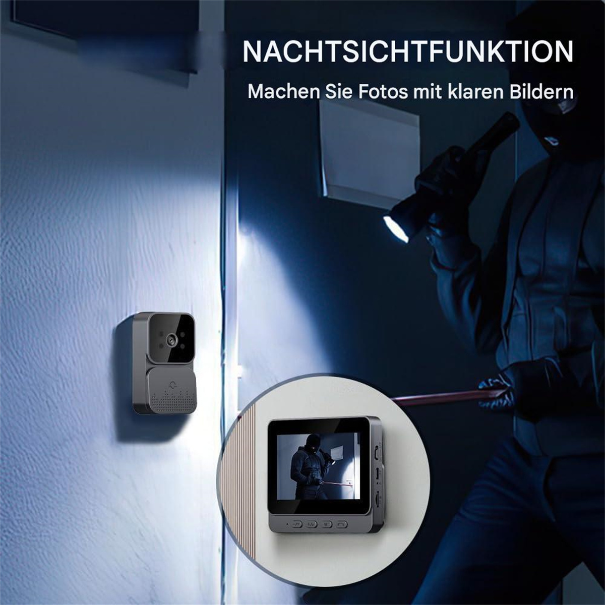 Überwachungskamera an einer Wand, mit Bildschirm, der eine Person zeigt. Nachtsichtfunktion hervorgehoben.