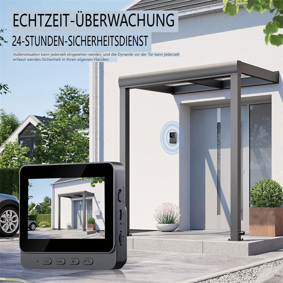 Außensicherheitssystem an einem weißen Haus mit Monitor, der ein Bild anzeigt.