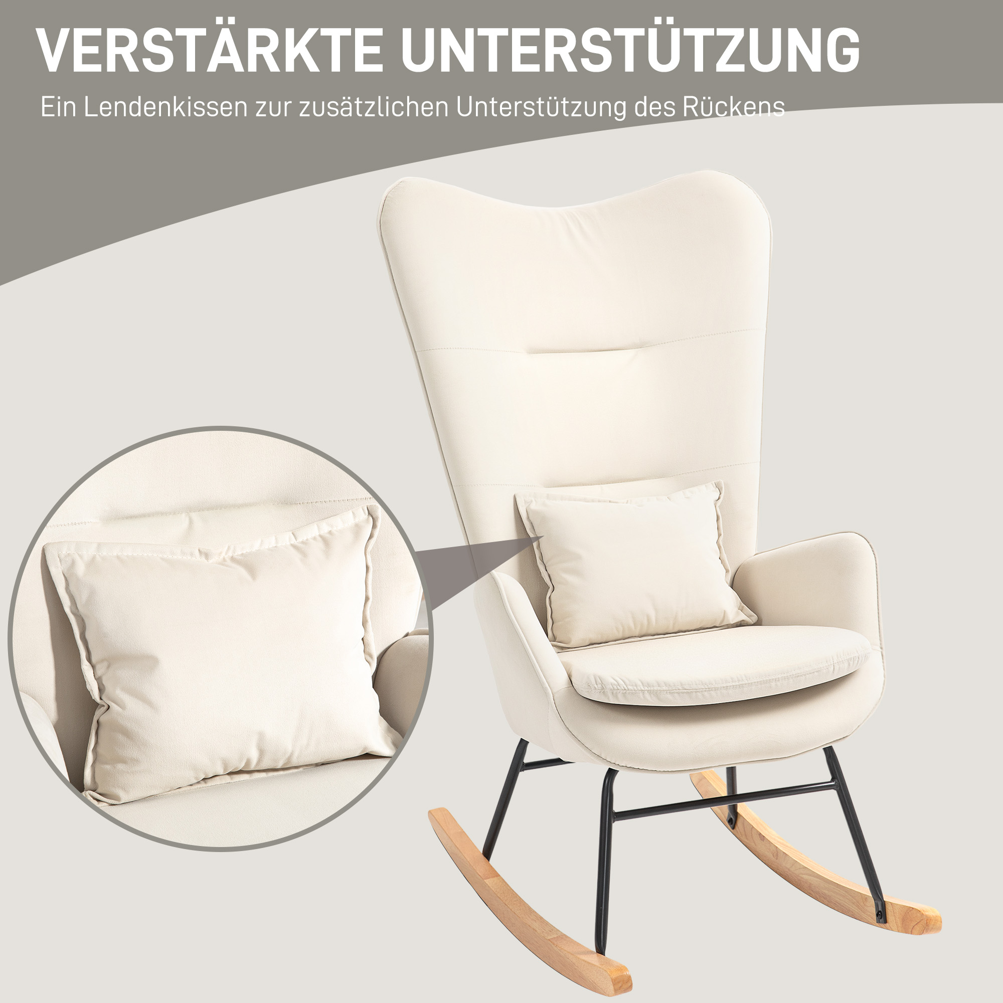 Cremefarbener Schaukelstuhl mit Lendenkissen. Schwarzer Rahmen, hölzerne Schaukeln. Nahaufnahme des Kissens.