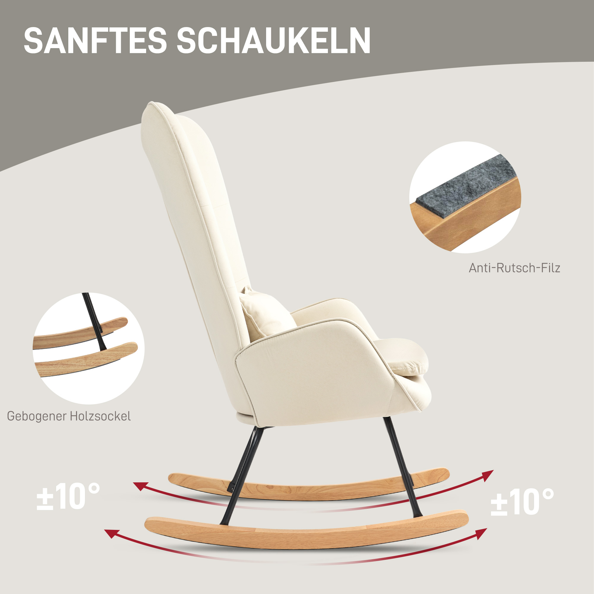 Ein cremefarbener Schaukelstuhl mit schwarzen Beinen und Holzschaukeln, plus Details des Stuhls.
