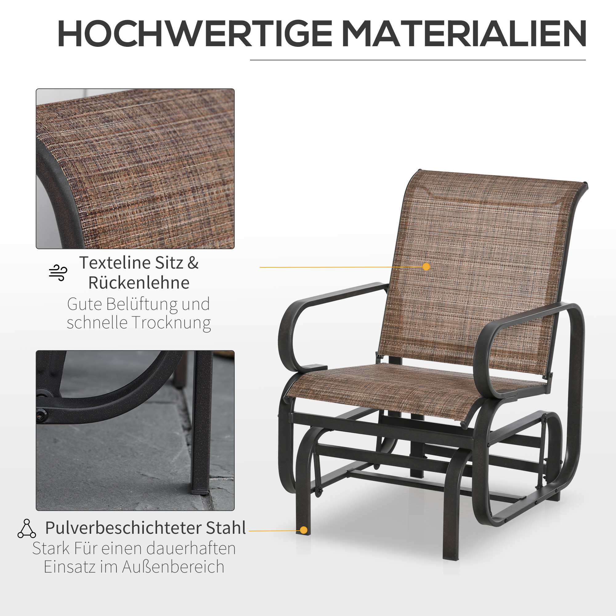 Schaukelstuhl für draußen, brauner Netz-Sitz, schwarzes Gestell, Details zu Materialien und Eigenschaften.