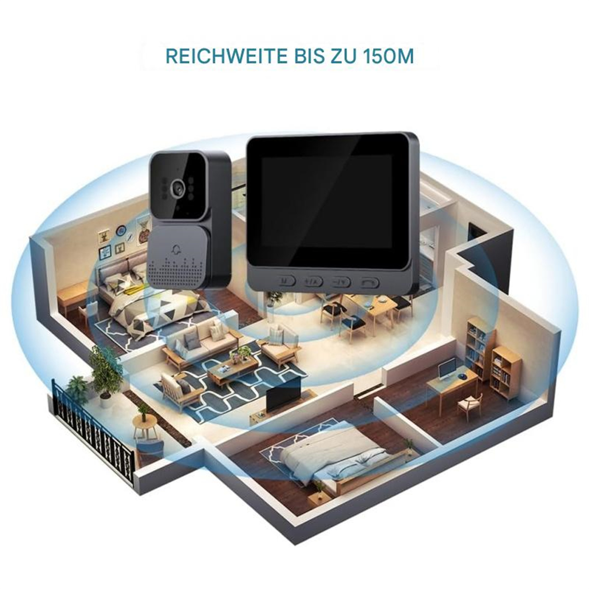 Heimsicherheitssystem mit Kamera und Monitor, im Hauslayout.