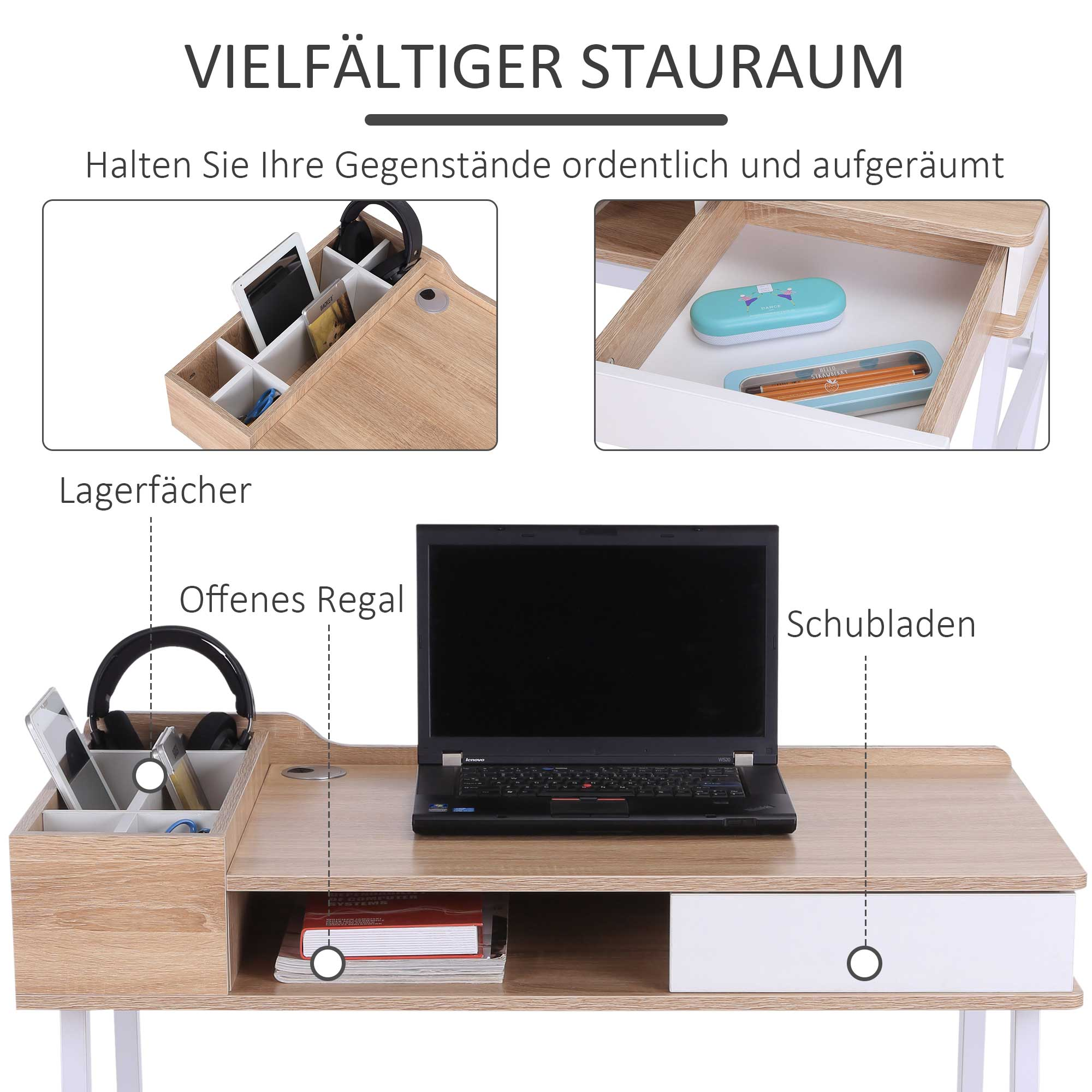 Schreibtisch mit Fächern, offenem Regal und Schublade. Laptop, Kopfhörer und organisierte Gegenstände. Helles Holz und weiße Akzente.
