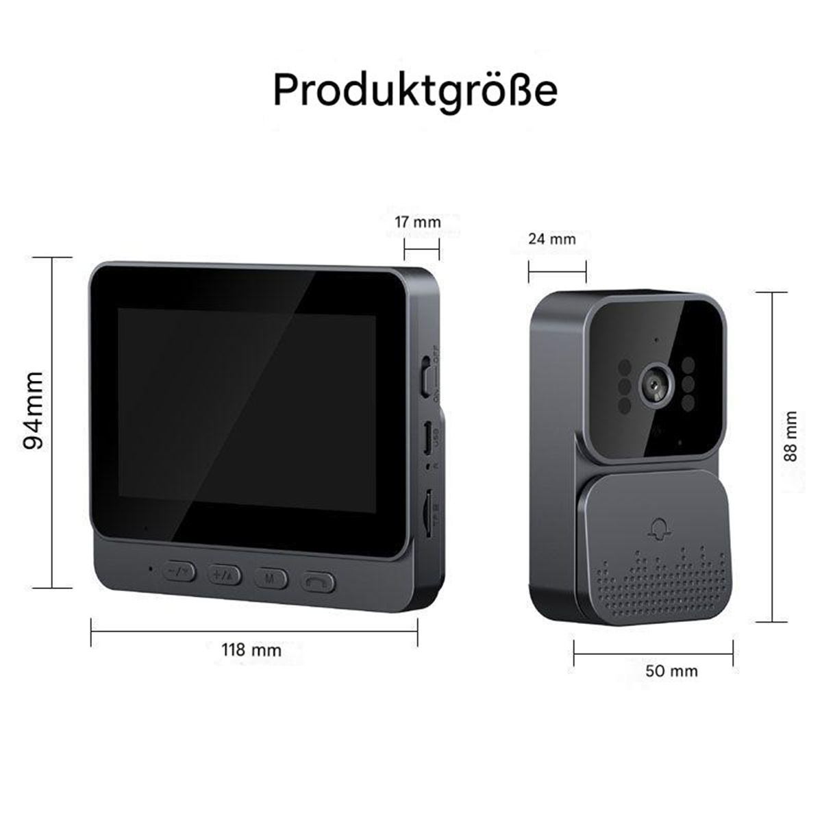 Abmessungen einer rechteckigen schwarzen Dashcam und einer kleineren, quadratischen Kamera. Beide haben Maße.
