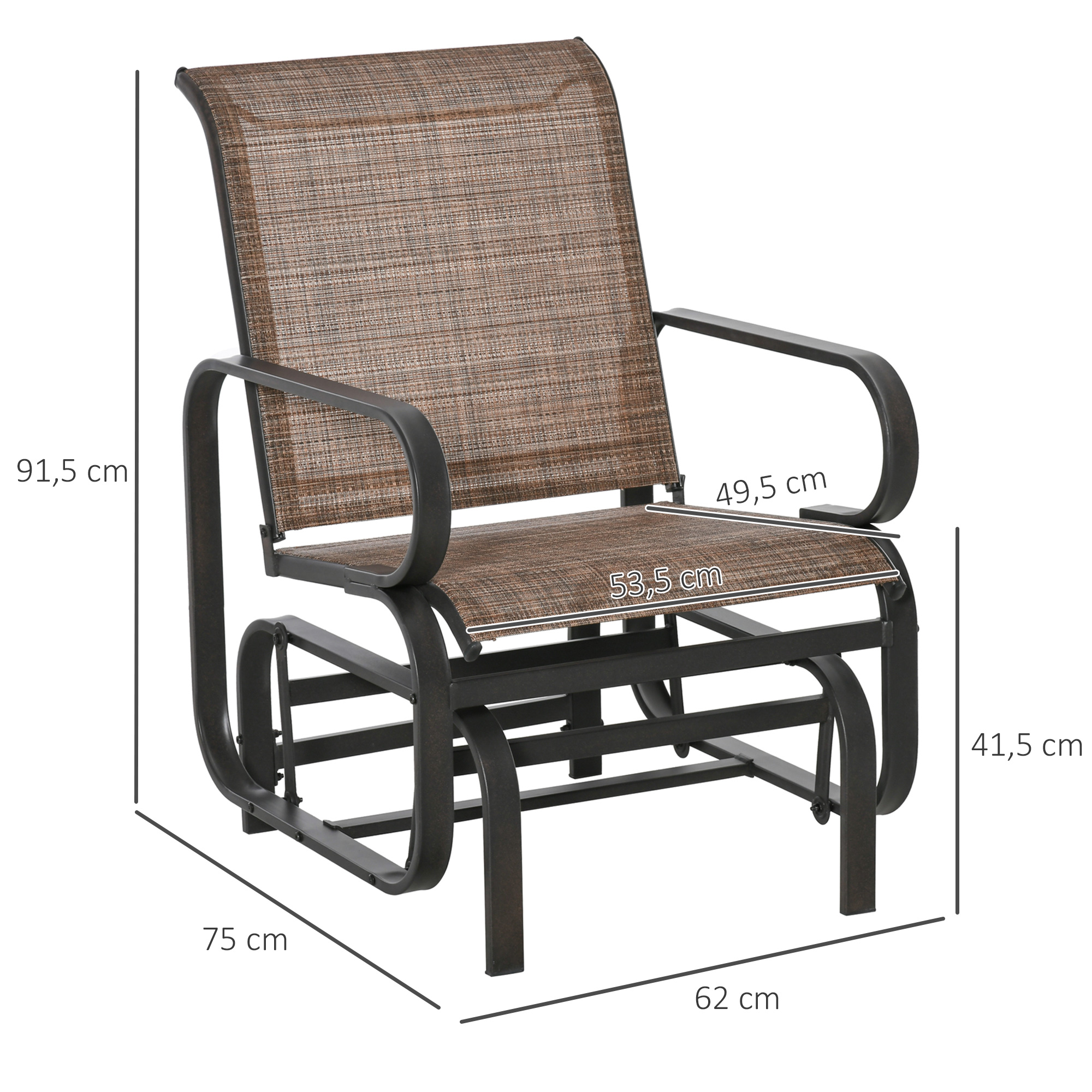 Ein brauner und schwarzer Outdoor-Schaukelstuhl mit Abmessungen in Zentimetern.