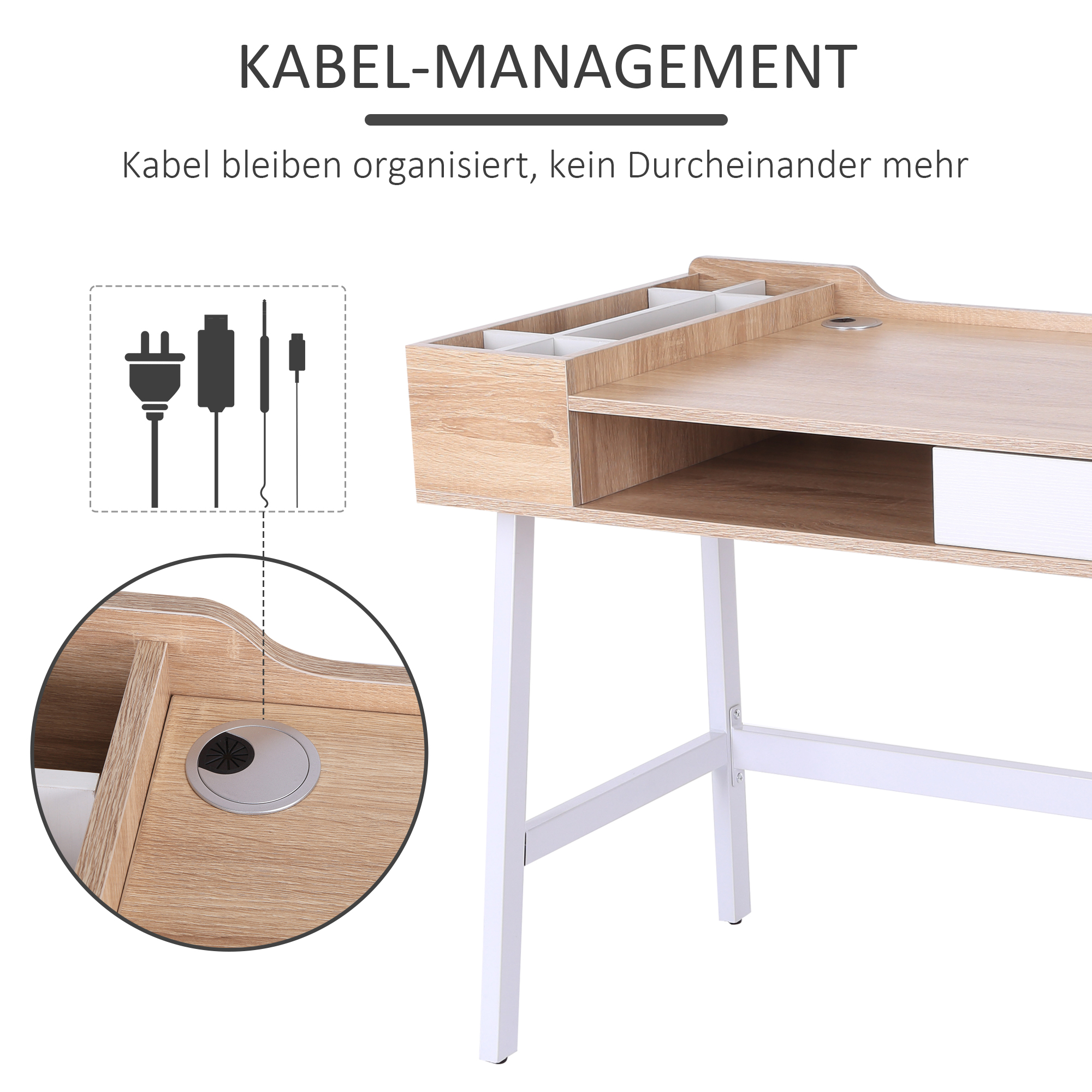 Holzschreibtisch mit Kabelführung, mit Nahaufnahme der Kabelöffnung.