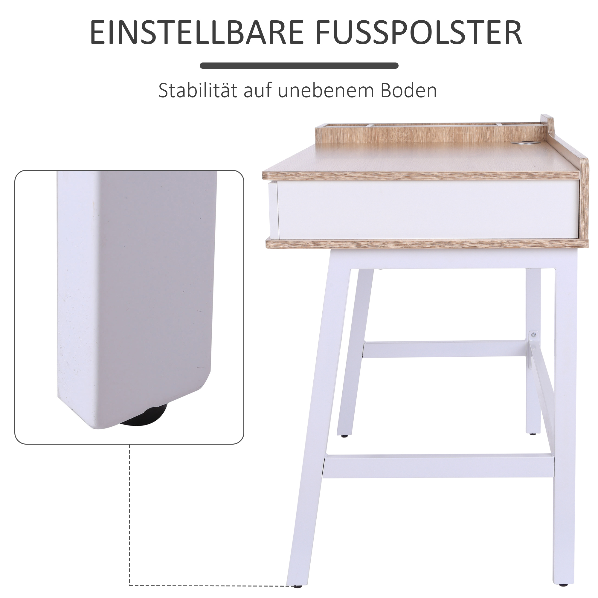 Weißer und hölzerner Schreibtisch mit Schublade und Nahaufnahme eines Rades.