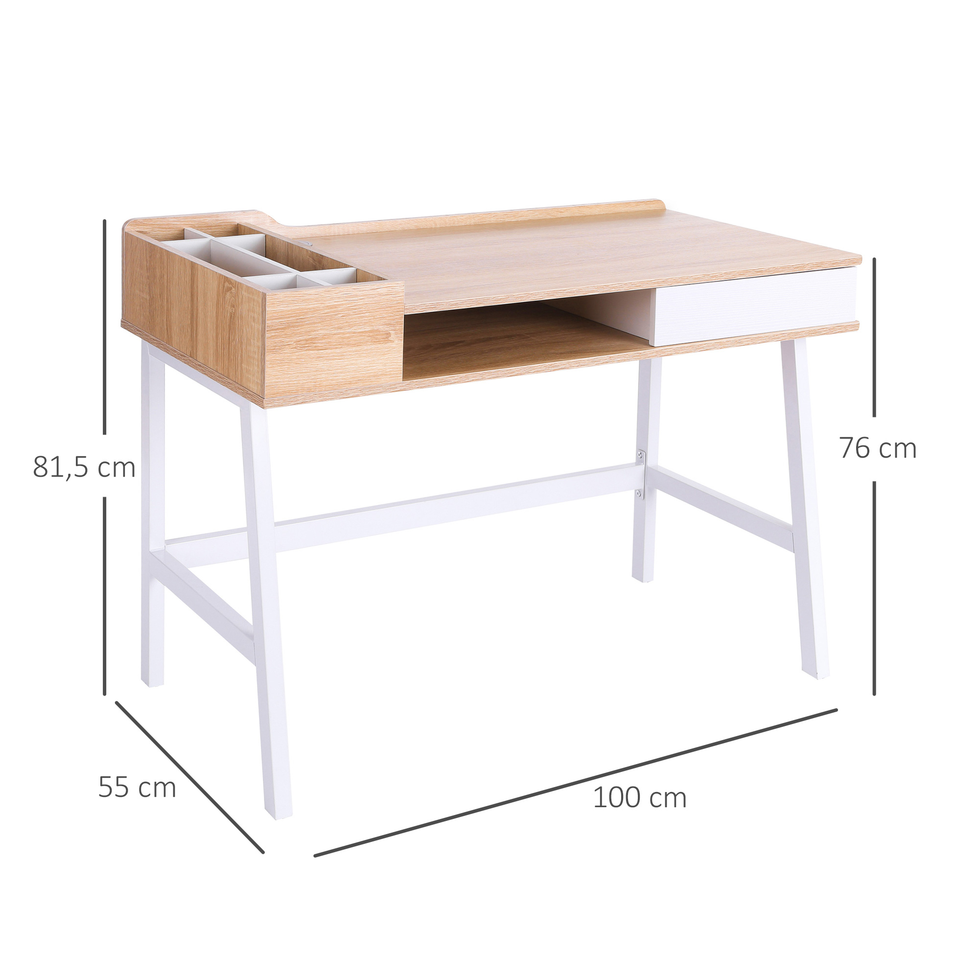 Holzschreibtisch mit weißen Beinen und beschrifteten Abmessungen. Er hat eine Schublade und Stauraum.