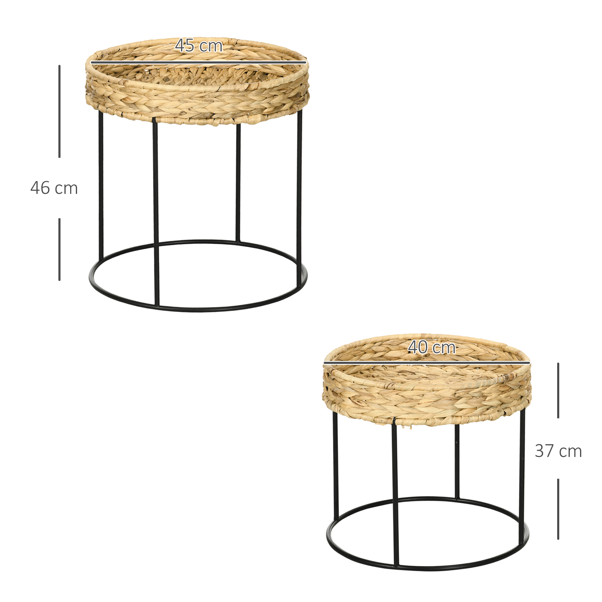 Zwei beige gewebte Tische mit schwarzen Metallrahmen. Abmessungen sind angegeben.