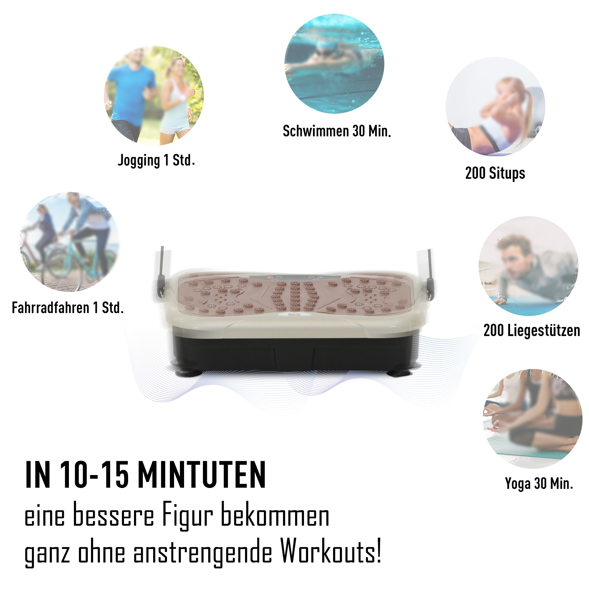 Ein Trainingsgerät mit Icons von Übungen drumherum und Text auf Deutsch.