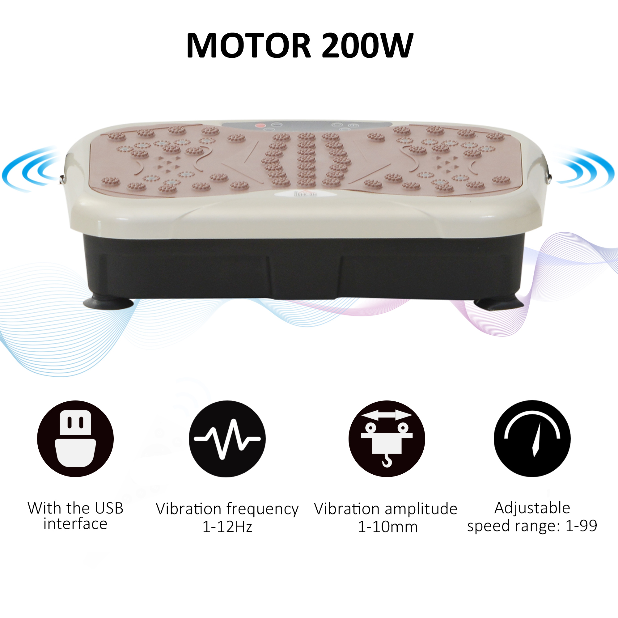 Eine Vibrationsplatte mit Digitalanzeige und Symbolen für USB, Vibrationsfrequenz, Amplitude und Geschwindigkeit.