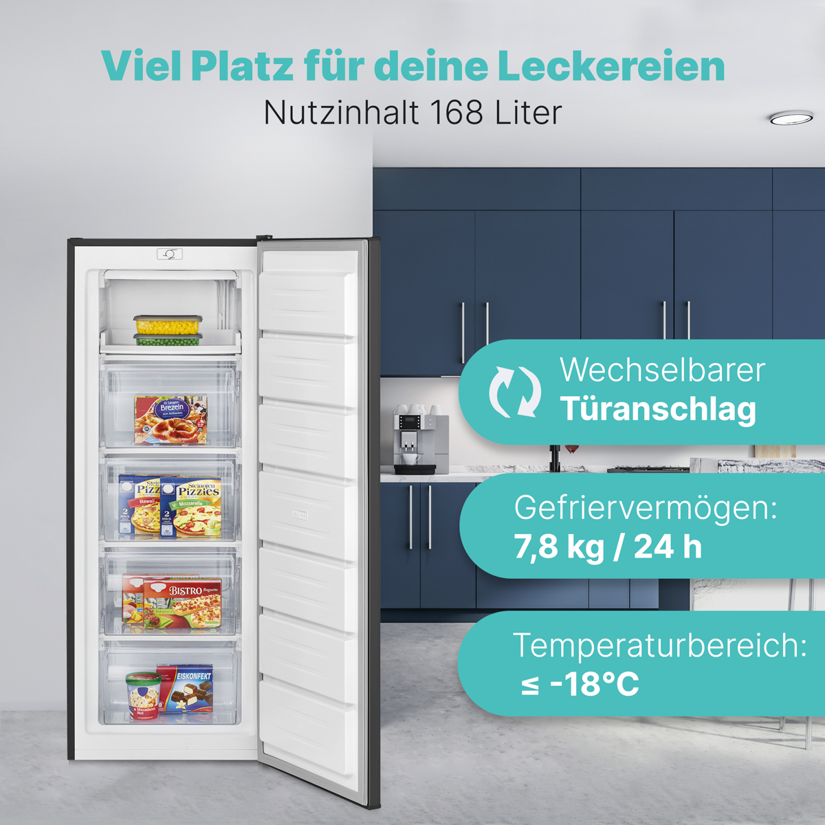 Ein Gefrierschrank mit offener Tür, der Tiefkühlkost zeigt. Text beschreibt Funktionen. Dunkelblaue Küche im Hintergrund.
