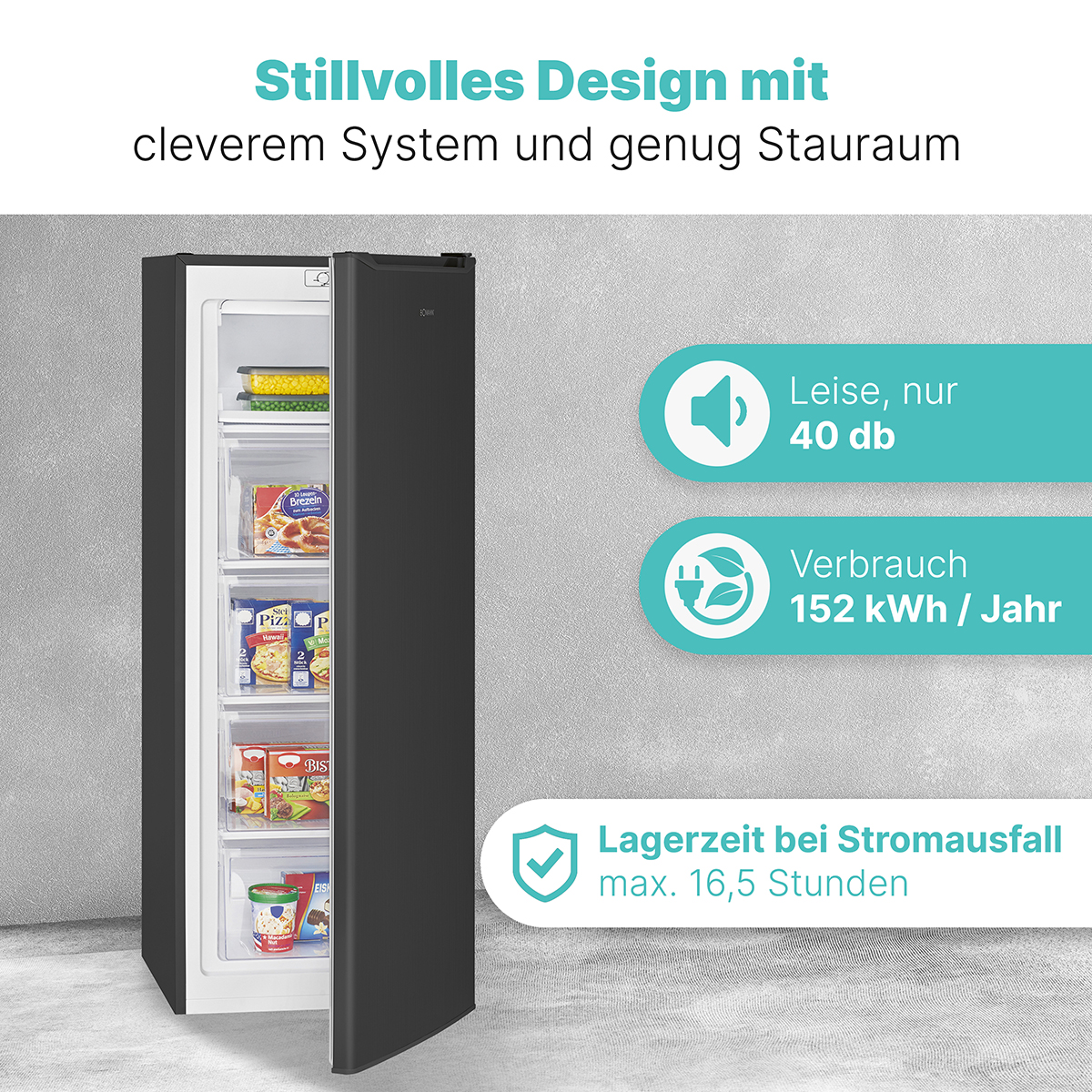 Schwarzer Kühlschrank mit offener Tür. Es hat Regale mit Lebensmitteln. Textelemente beschreiben Eigenschaften und Spezifikationen.