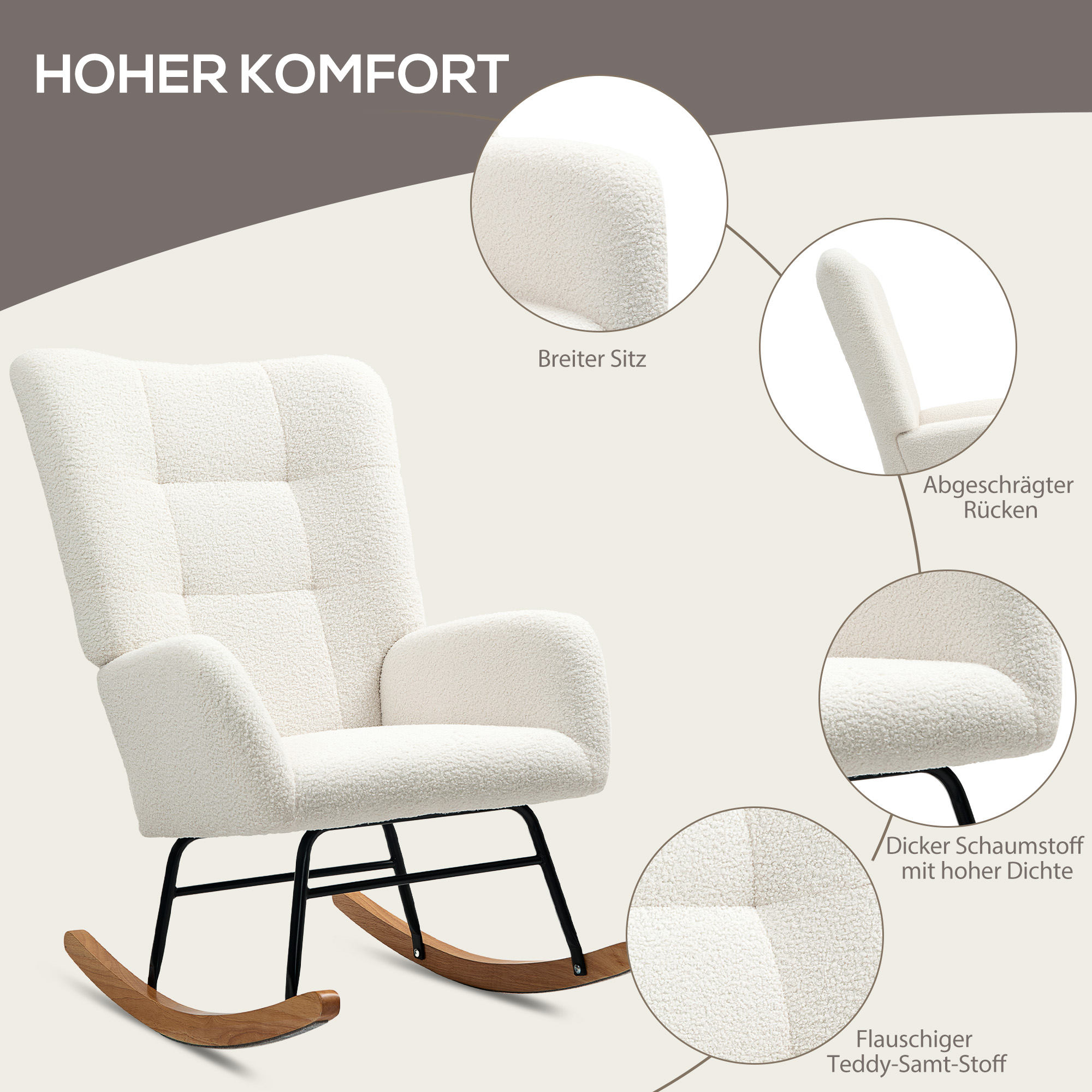 Weißer Schaukelstuhl mit hohem Rücken und hölzernen Schaukelkufen. Nahaufnahmen zeigen Designdetails.