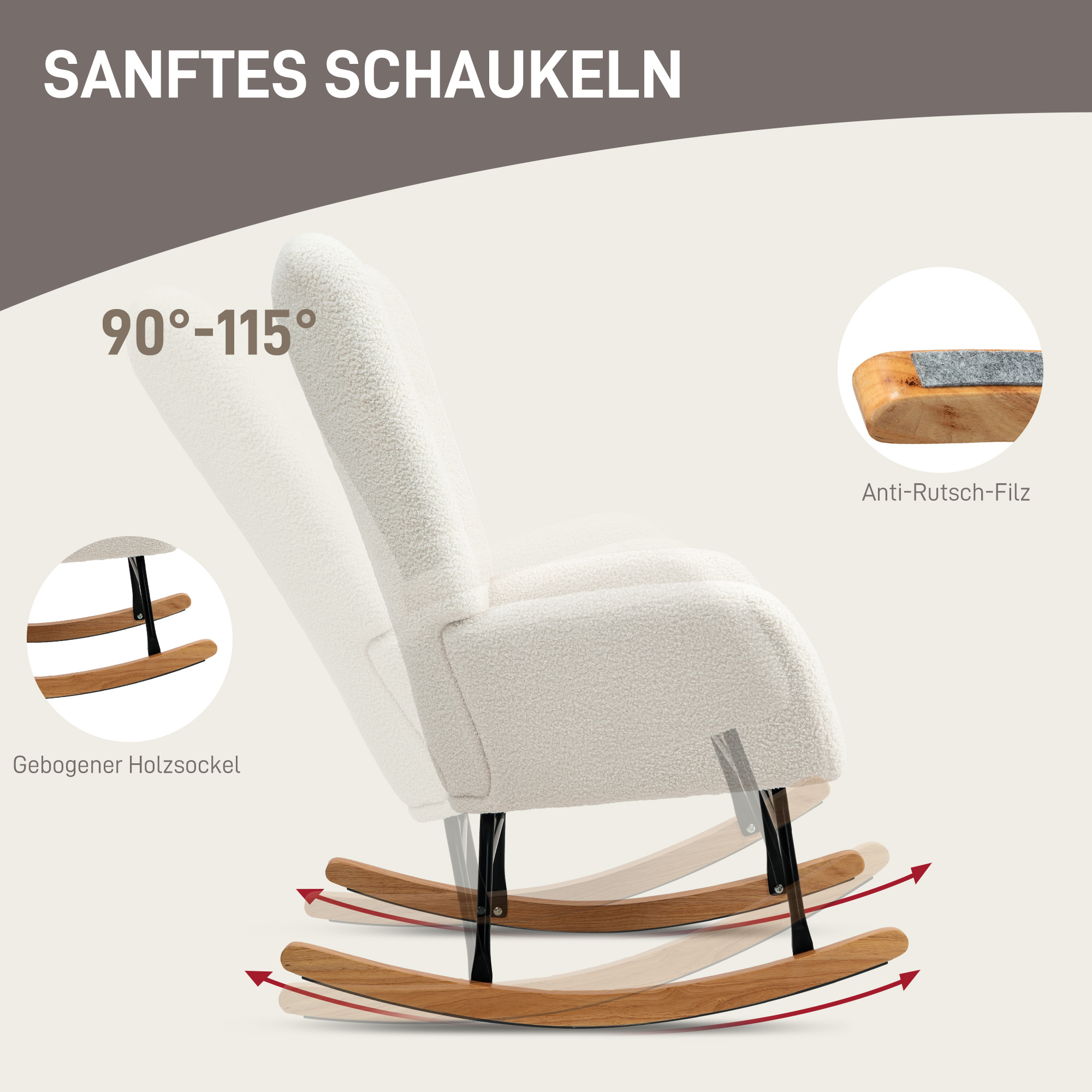 Weißer Schaukelstuhl mit angewinkelter Ansicht, zeigt die Schaukelbewegung.