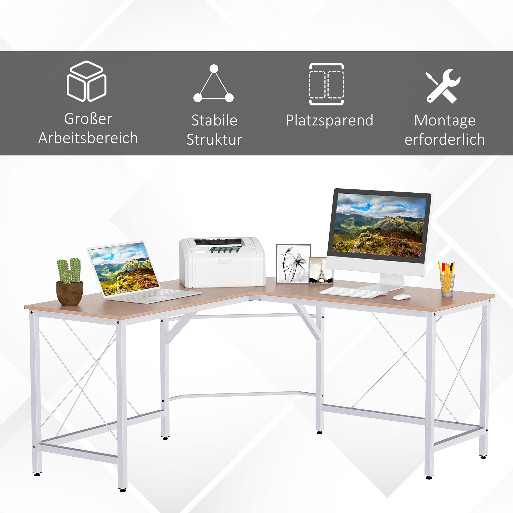 L-förmiger Schreibtisch mit Laptop, Drucker, Monitor und Schreibtischzubehör, mit Symbolen darüber.