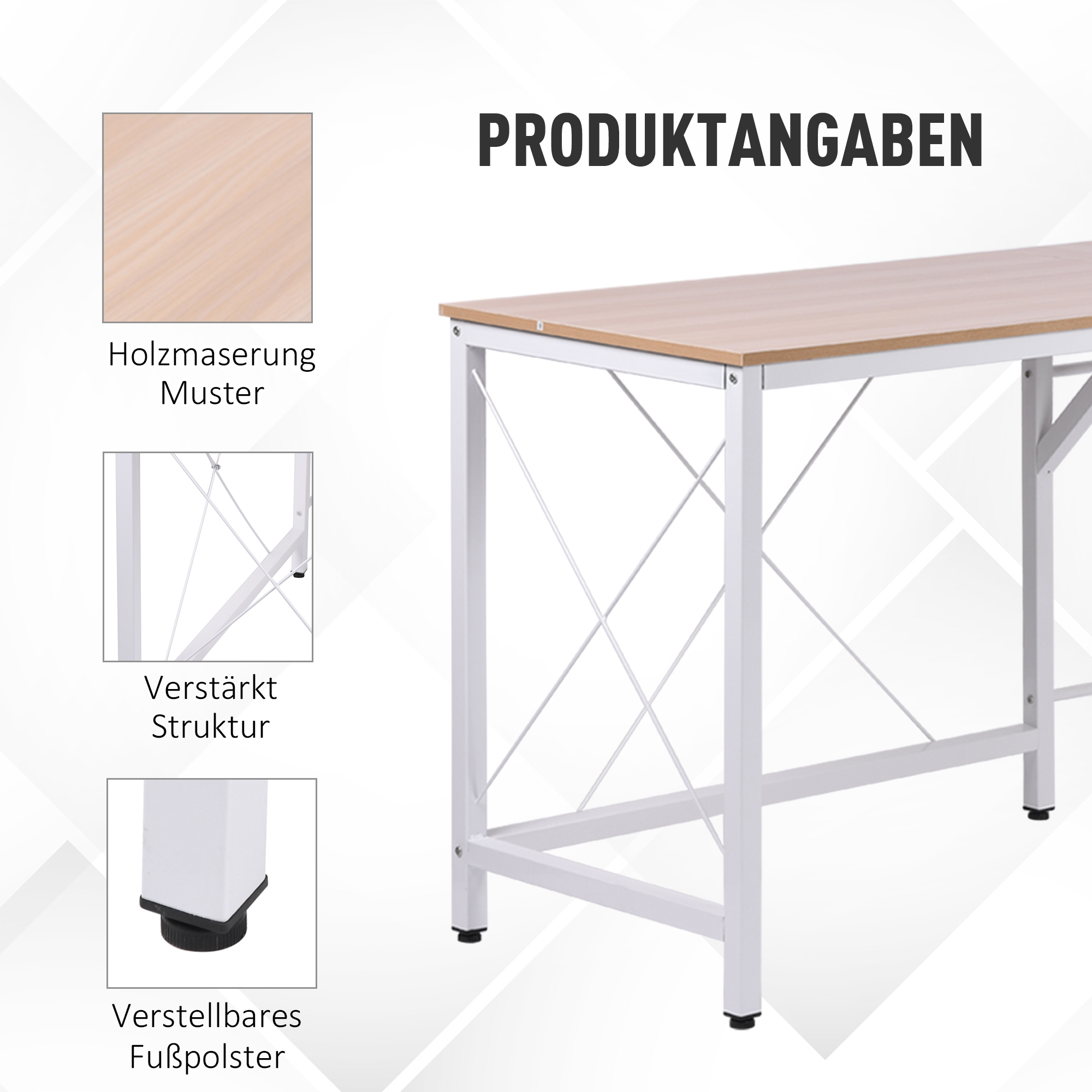 Ein weißer und holzfarbener Schreibtisch mit Metallrahmen. Der Schreibtisch hat einen Nahaufnahme von Holzmaserung und Metalldetails.