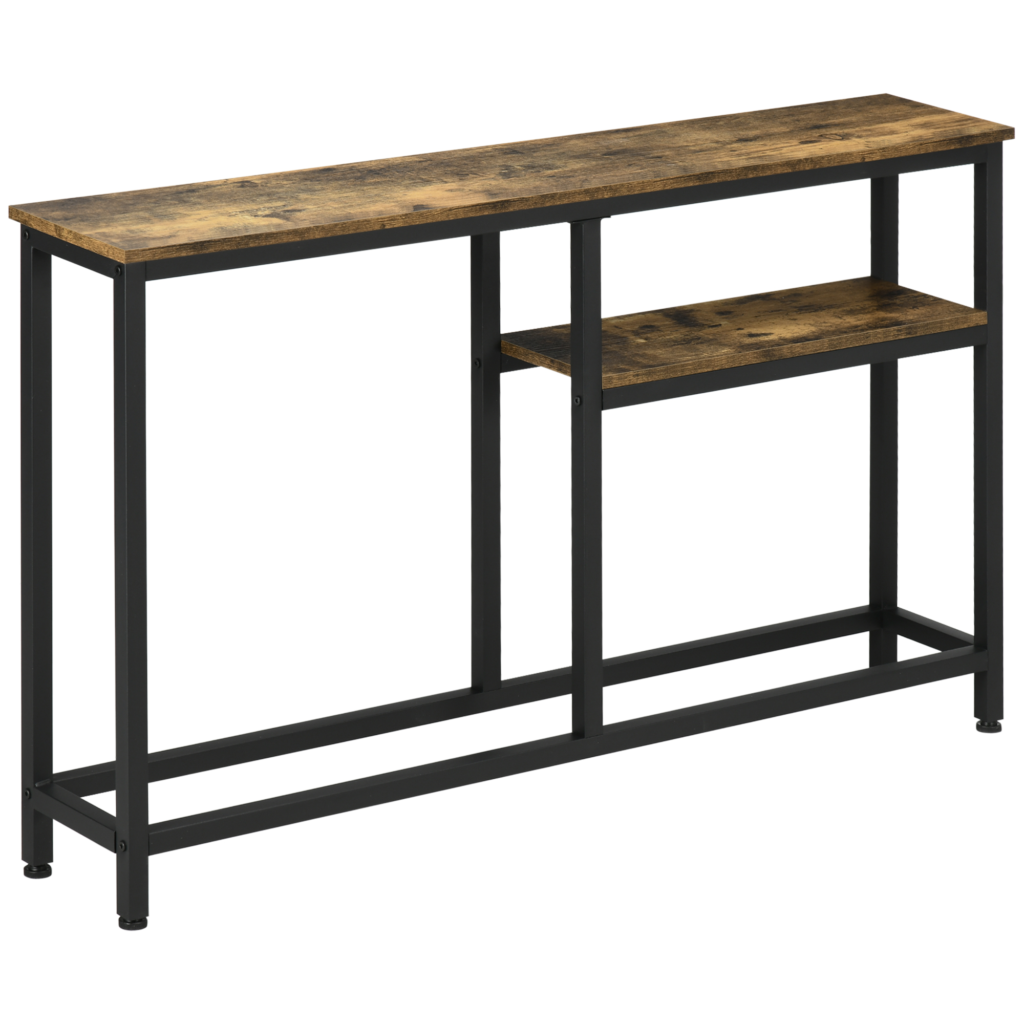Langer, schmaler brauner Tisch mit schwarzem Metallrahmen und Regal.