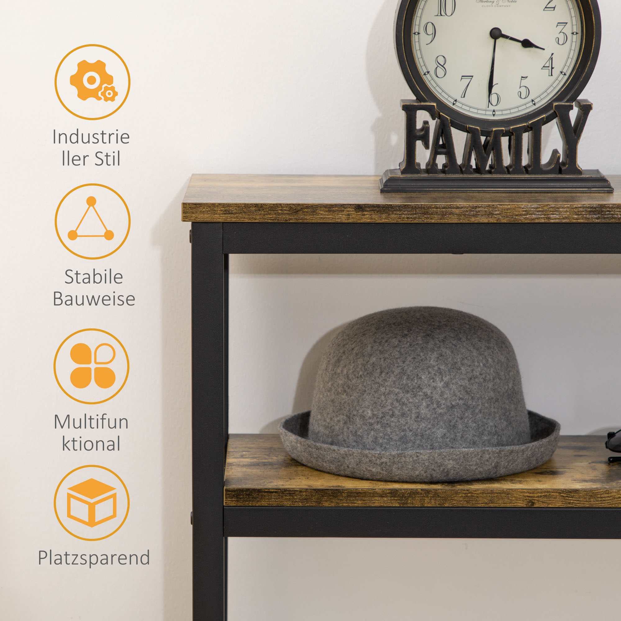 Holzregal mit Uhr und Hut. Das Regal hat ein schwarzes Metallgestell. Symbole weisen auf Funktionen hin.