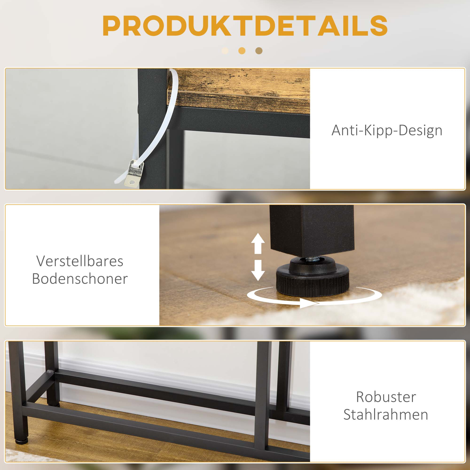 Ein Holztisch mit Details zum Design, einschließlich Kippschutz.