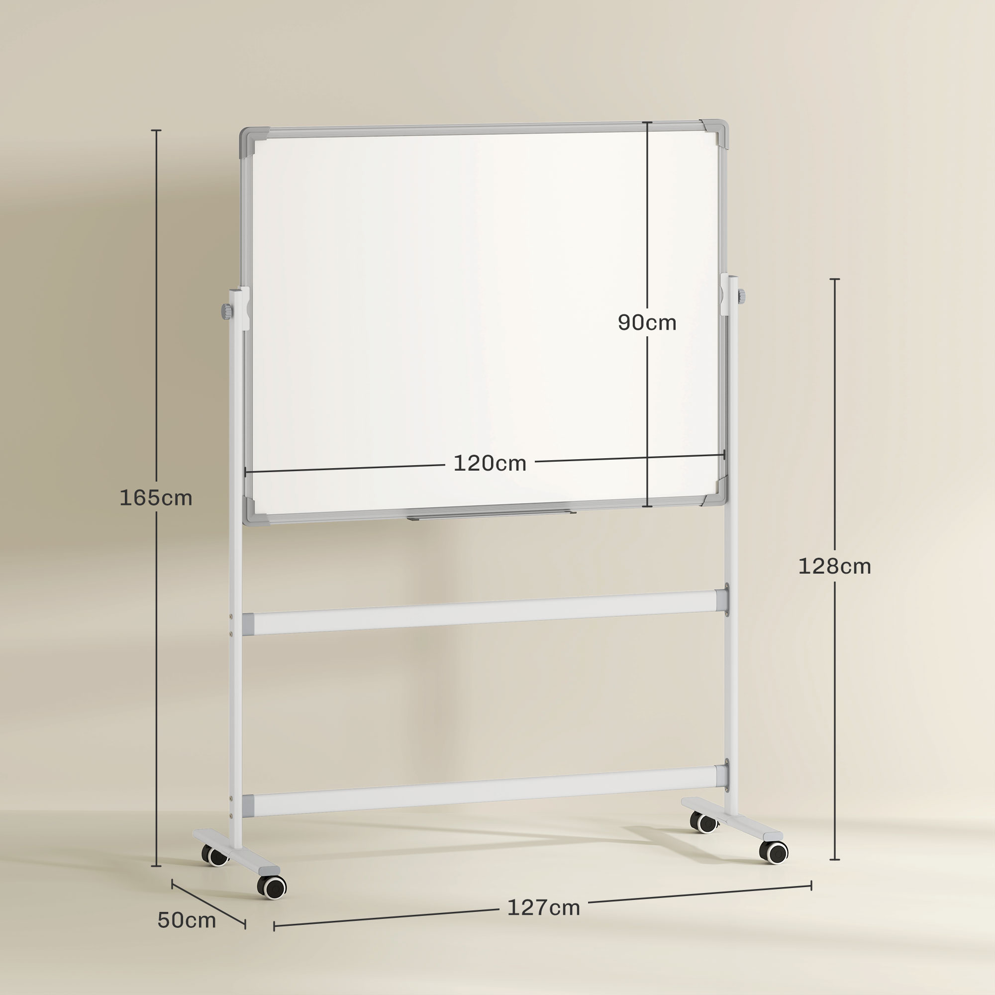 Pizarra en un soporte blanco con ruedas. Dimensiones: 165 cm alto, 120 cm ancho y 127 cm base.