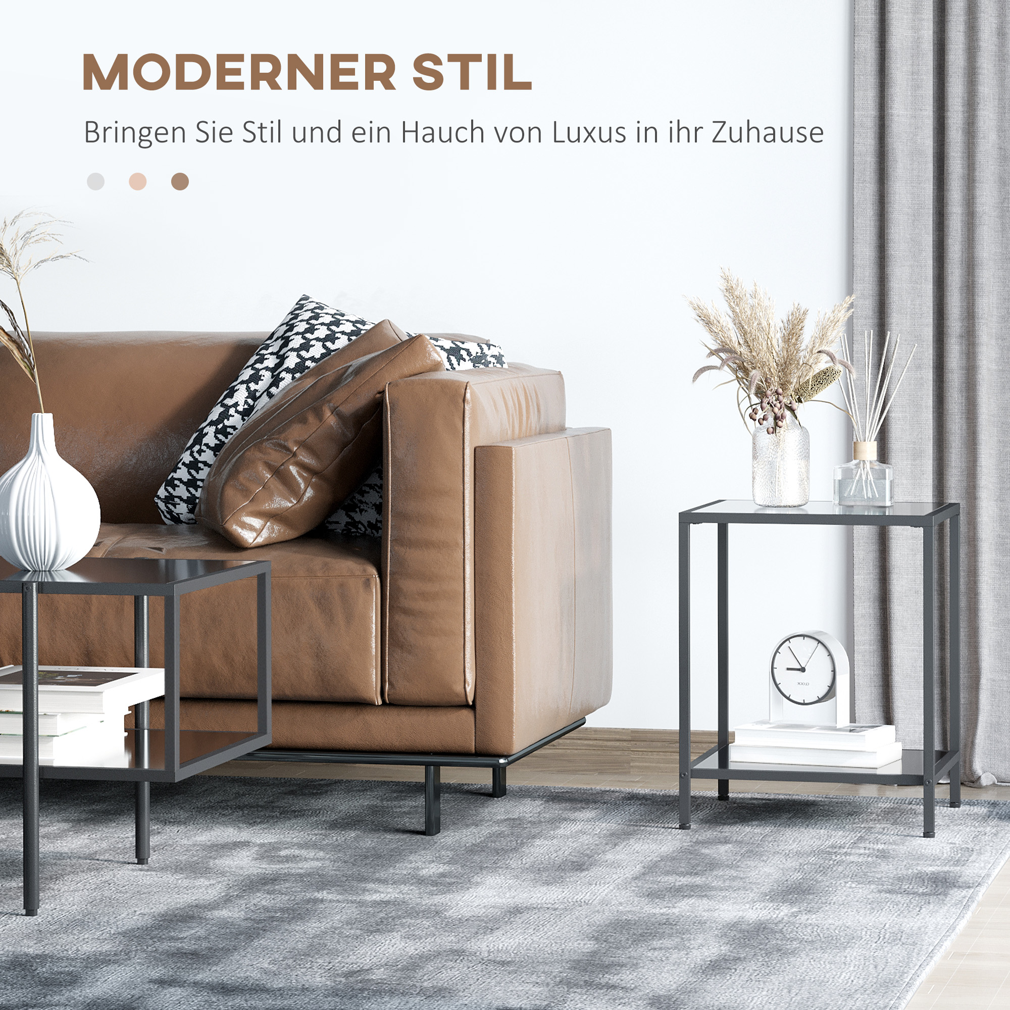 Braunes Ledersofa mit Beistelltischen und Teppich. Minimalistische Dekoration mit weißem Hintergrund.