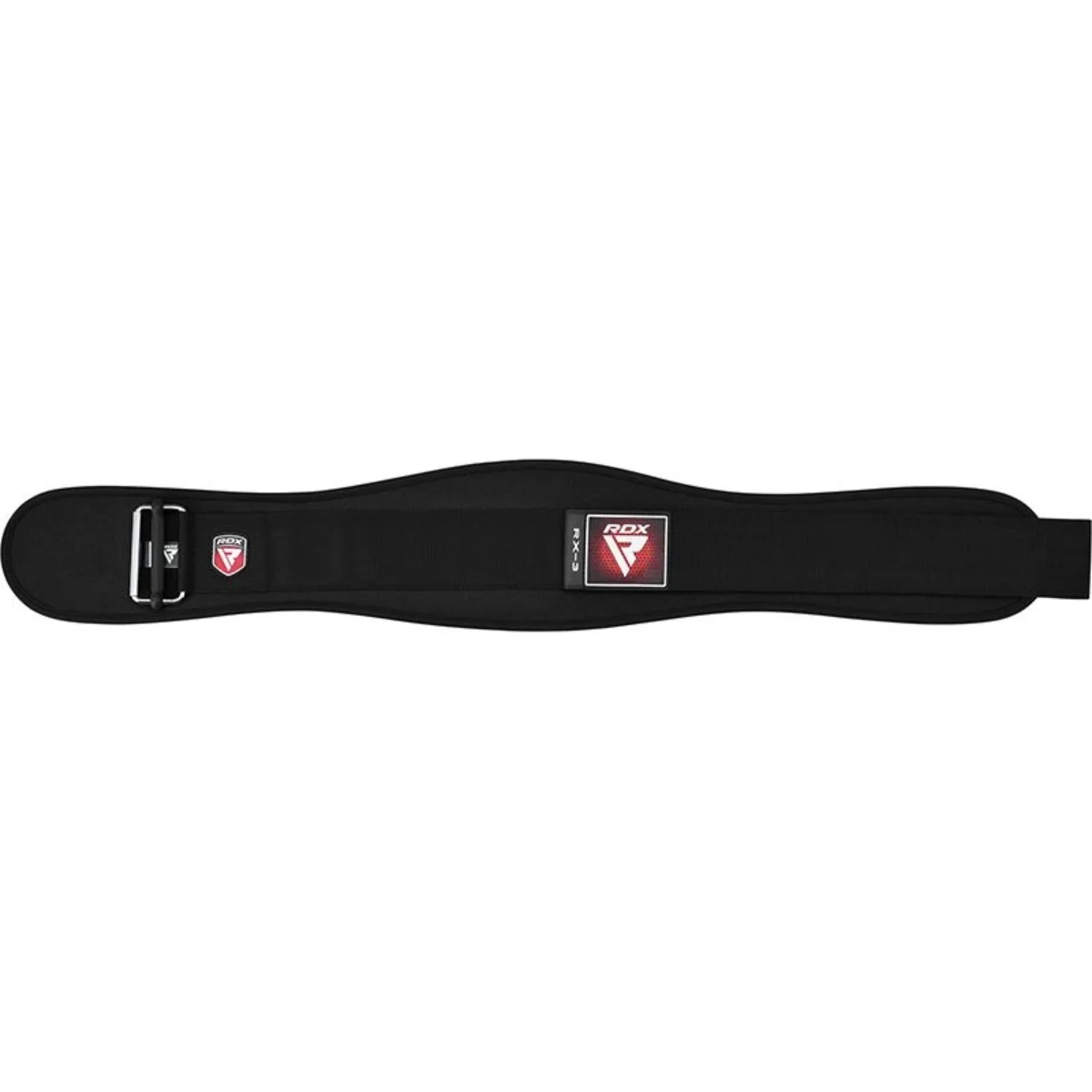A black weightlifting belt with a red logo.