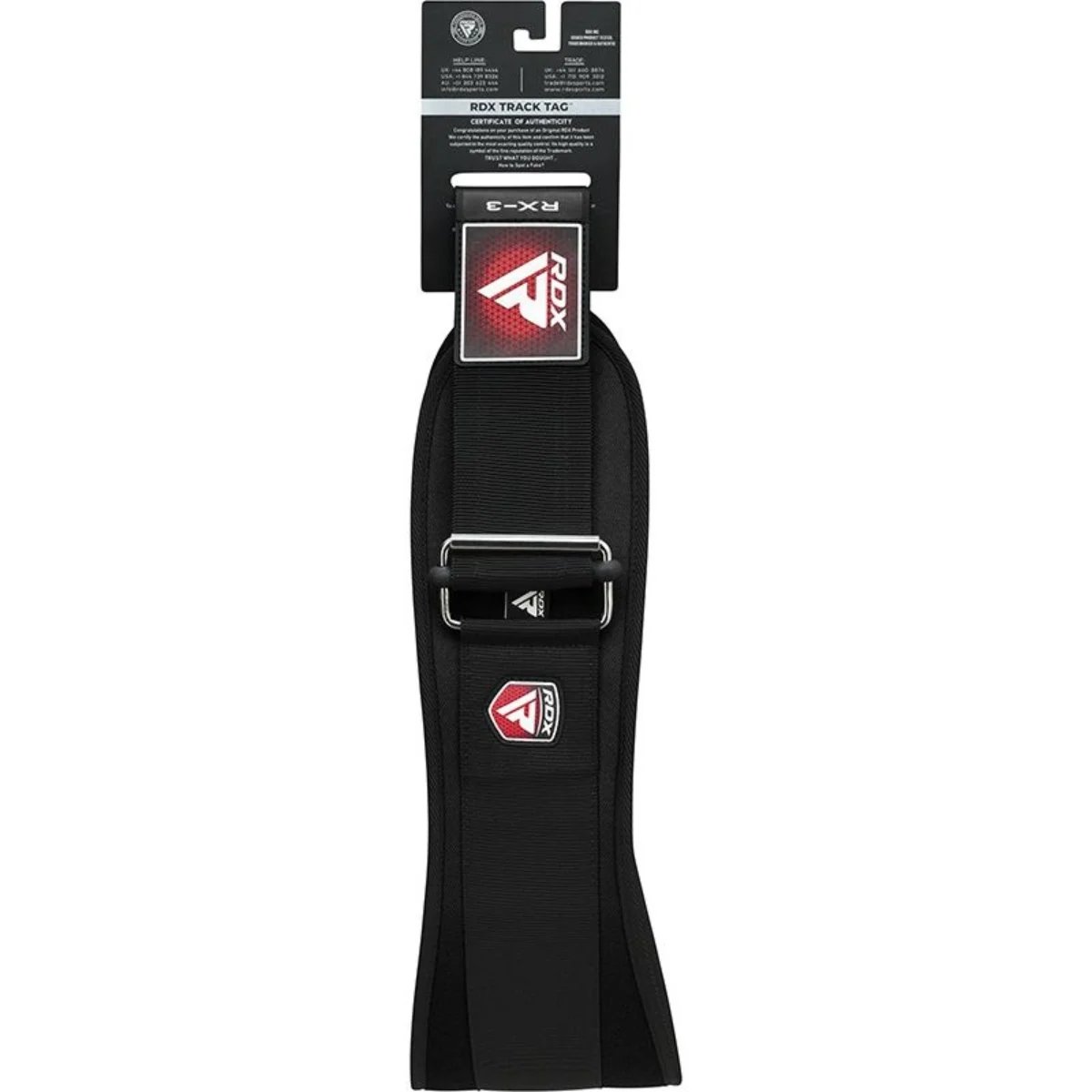 Black weightlifting belt with a red RDX logo and silver metal buckle.