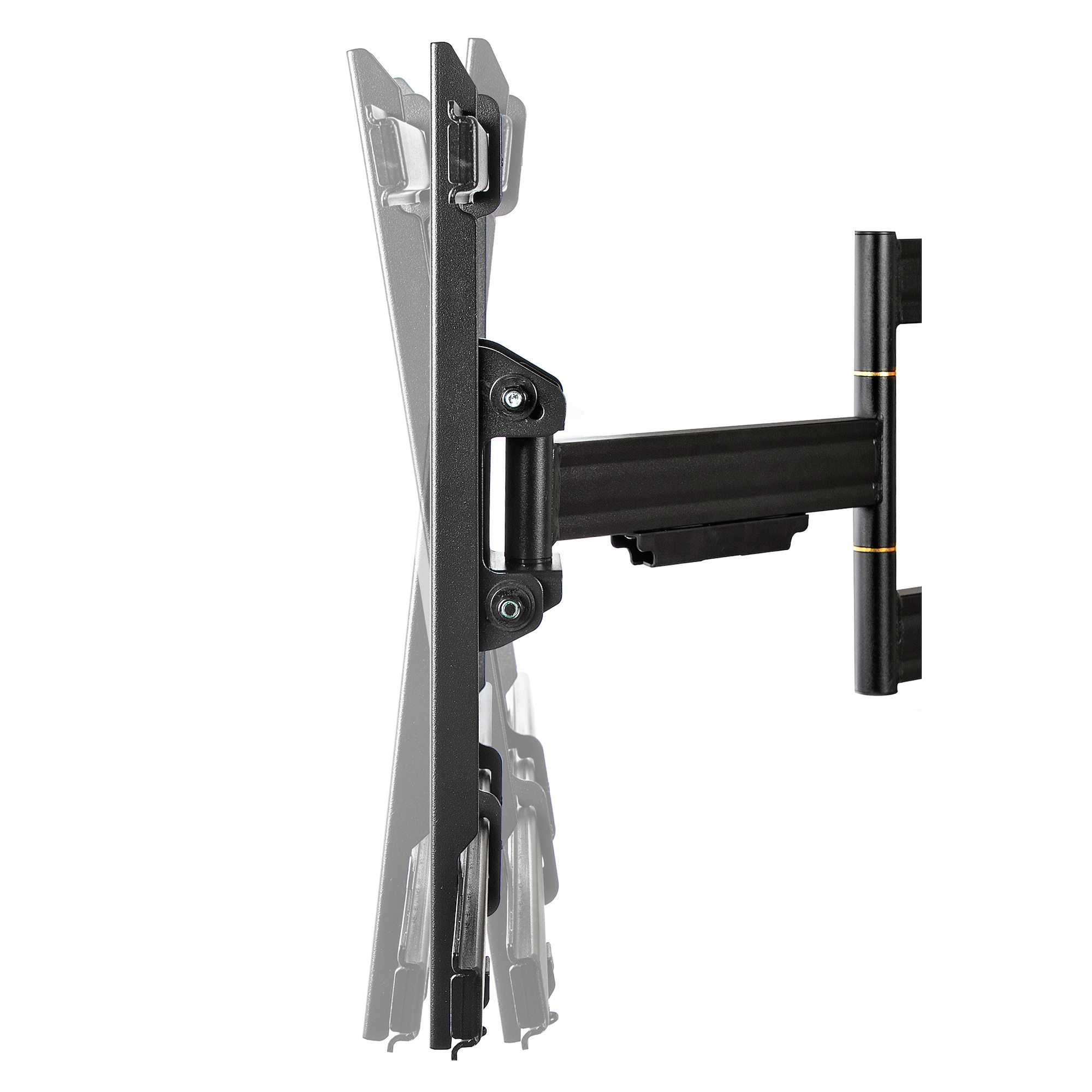 Schwarze TV-Wandhalterung mit verstellbarem Arm, Seitenansicht, auf weißem Hintergrund.
