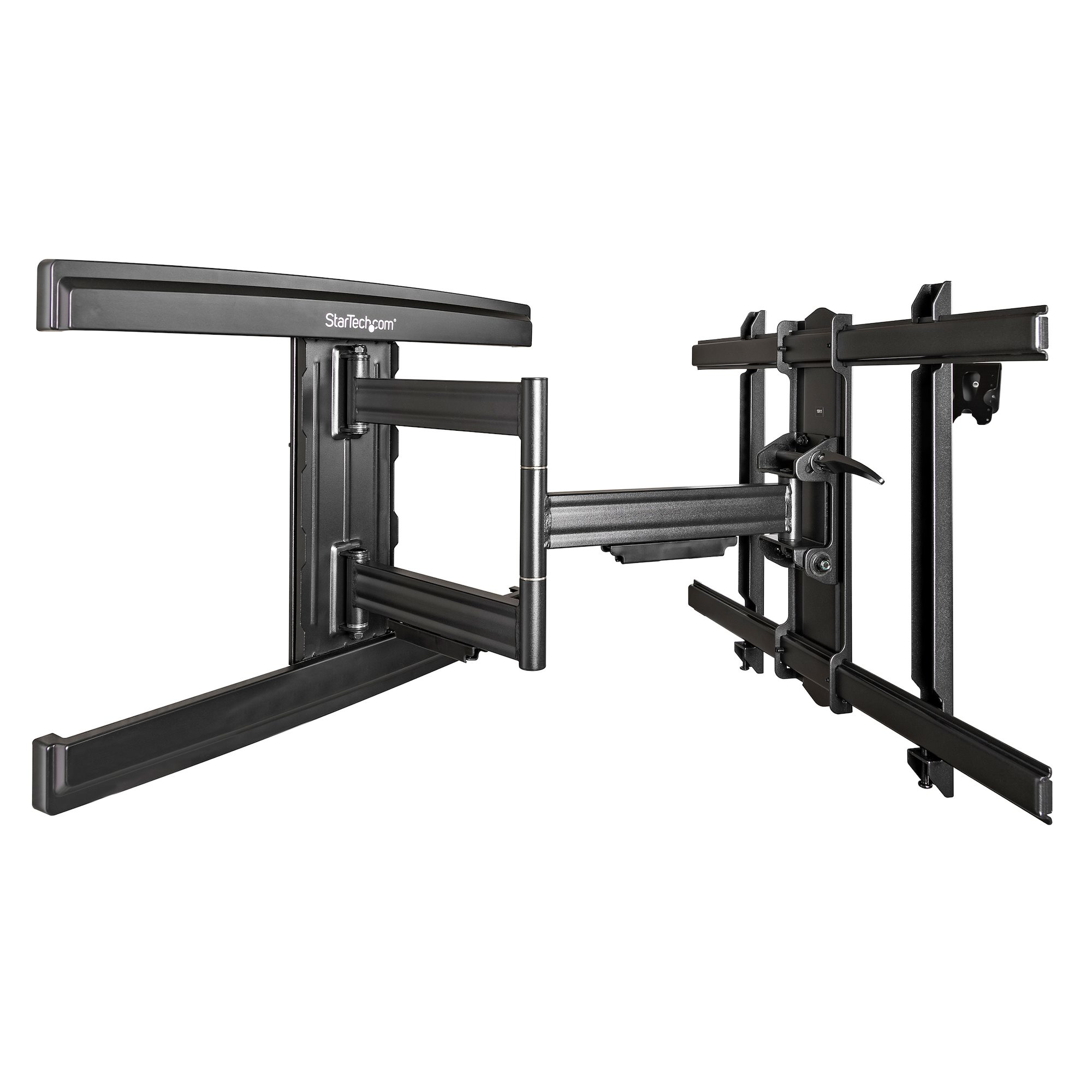 Eine schwarze TV-Wandhalterung mit mehreren Gelenkarmen, isoliert auf weißem Hintergrund.