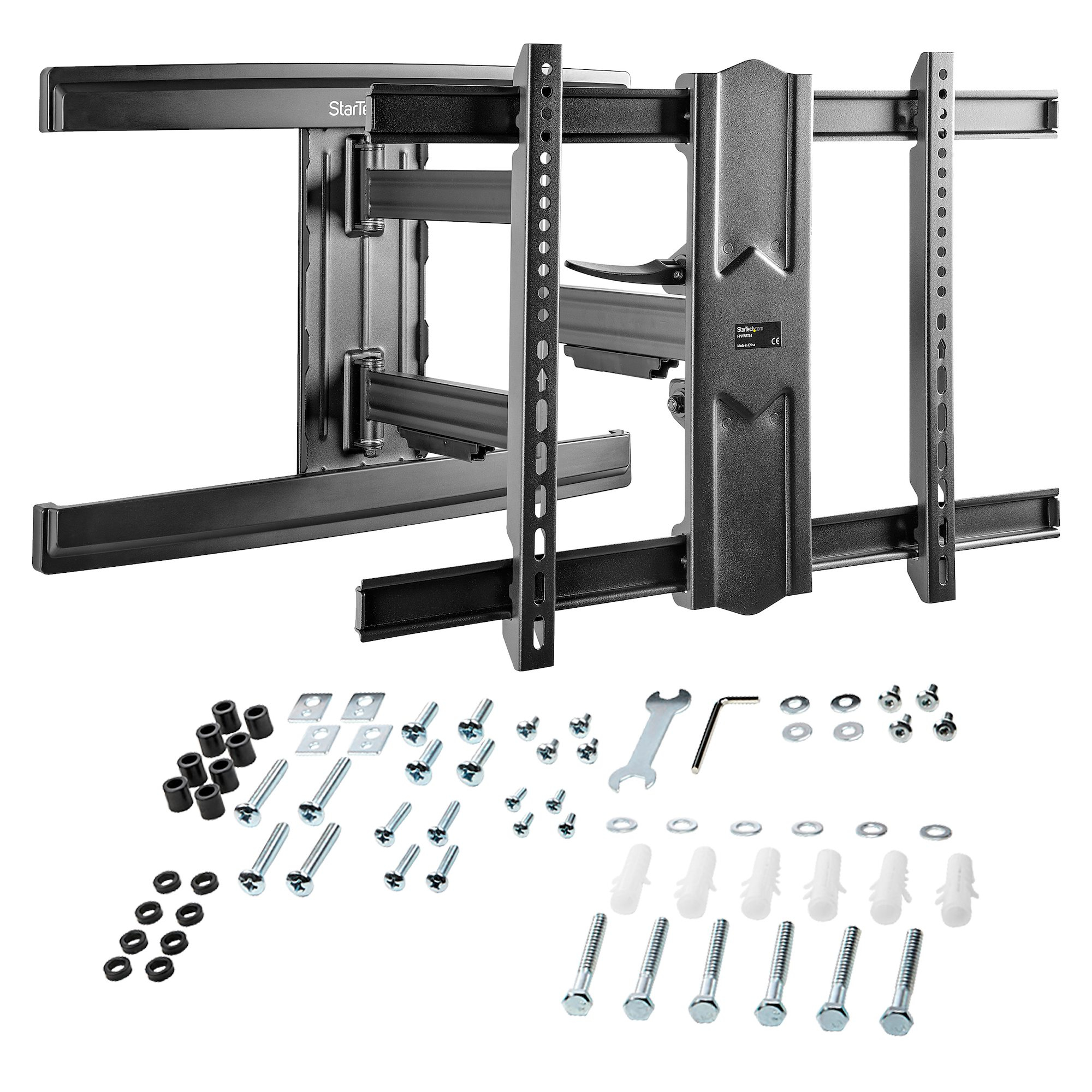 Schwarze TV-Wandhalterung mit Schrauben, Bolzen, Schraubenschlüssel und Hardware.