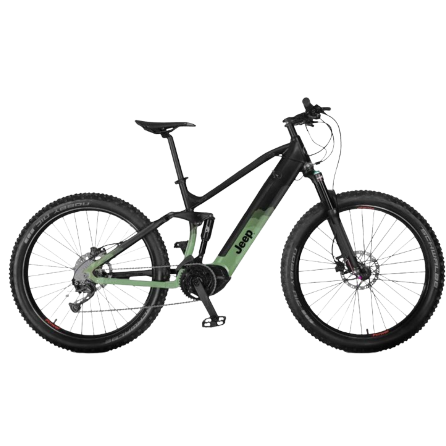 Czarny i zielony elektryczny rower Jeep na białym tle. Rower ma duże opony.