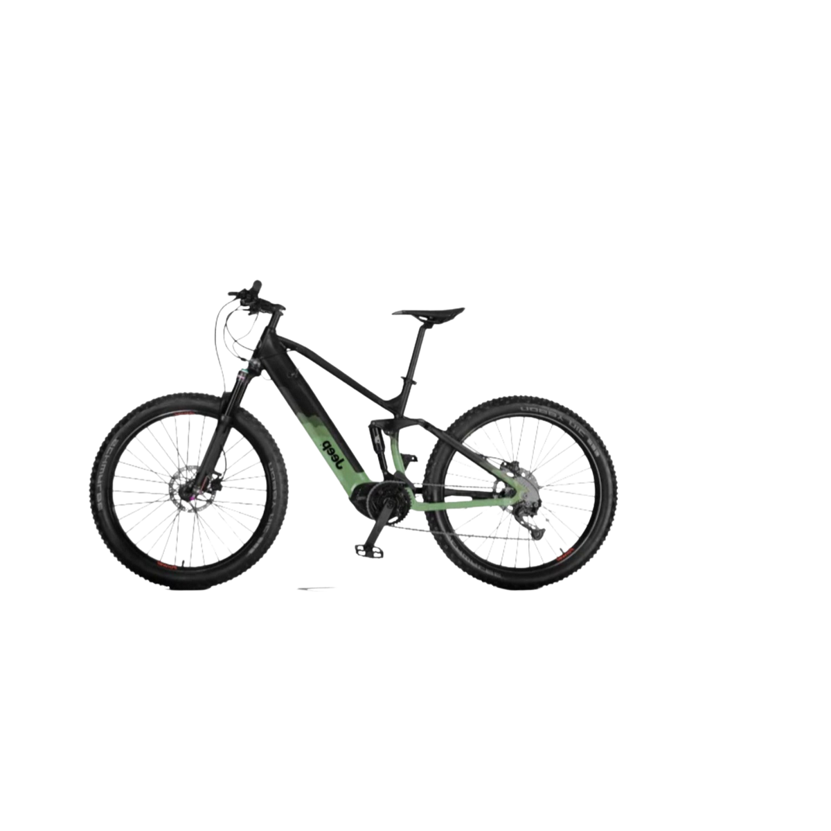 Czarny i zielony rower elektryczny na białym tle. Rower ma duże opony.