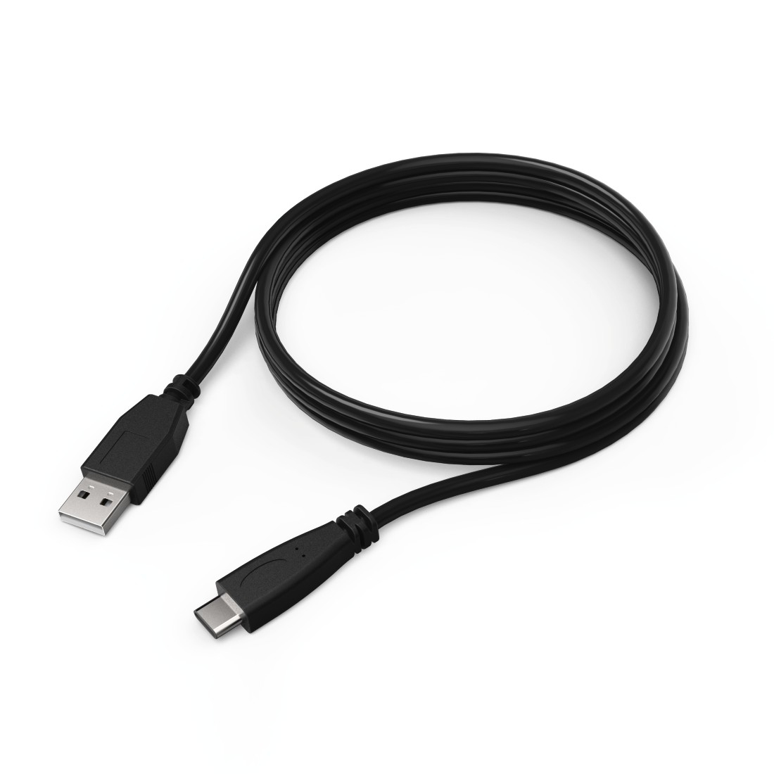 Ein schwarzes USB-Kabel mit einem USB-A-Anschluss an einem Ende und USB-C am anderen, auf weißem Grund.