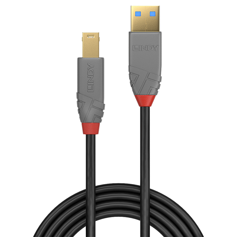 Czarny kabel USB z szarymi i czerwonymi akcentami oraz marką Lindy na białym tle.