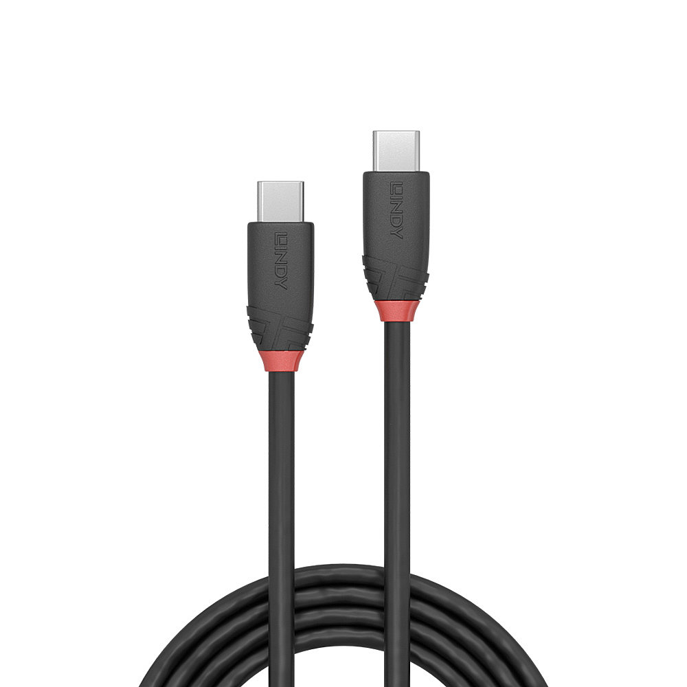 Due cavi USB-C neri con accenti rossi, affiancati, su sfondo bianco.