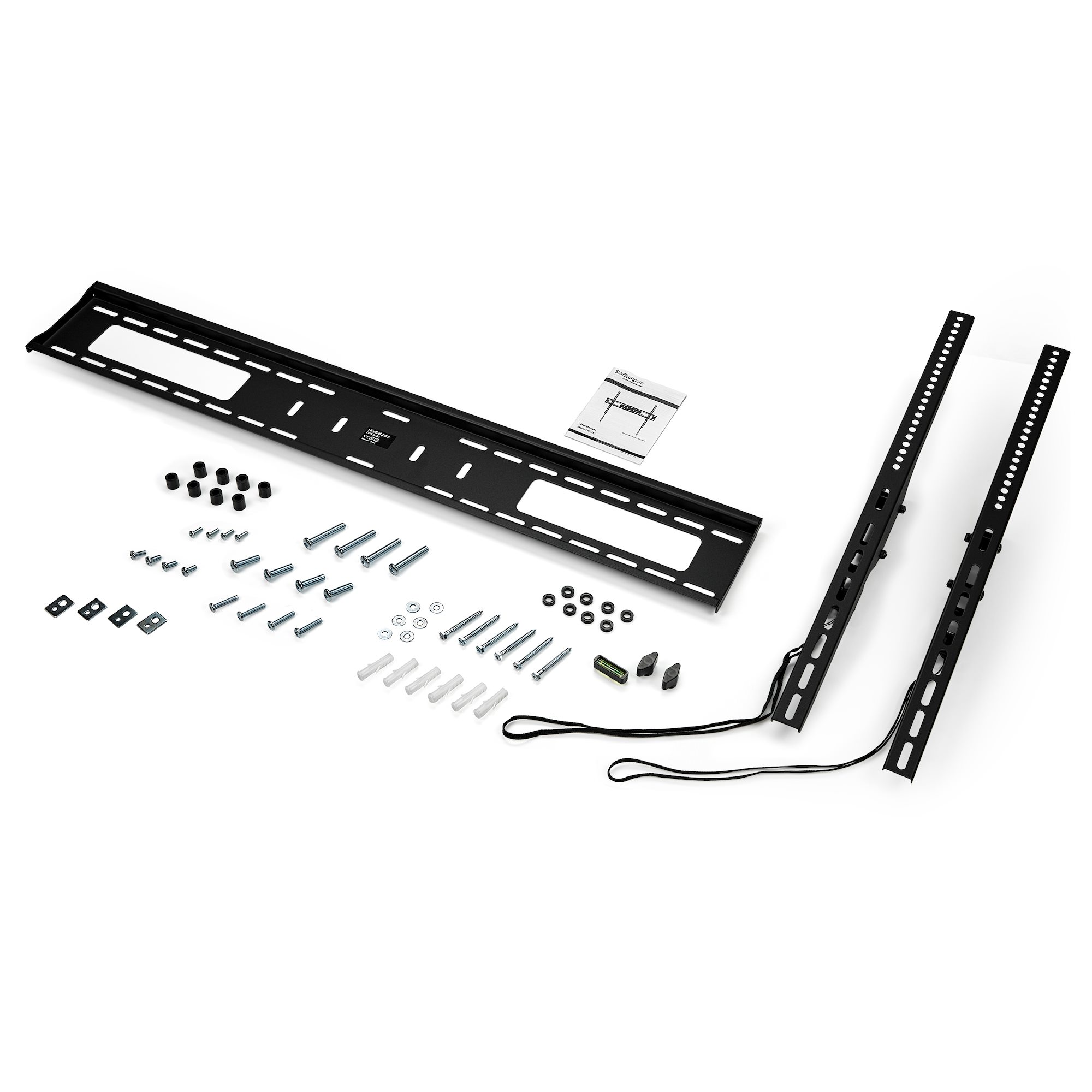 Schwarzes TV-Halterungs-Kit mit Schrauben, Halterungen und Anleitungen.