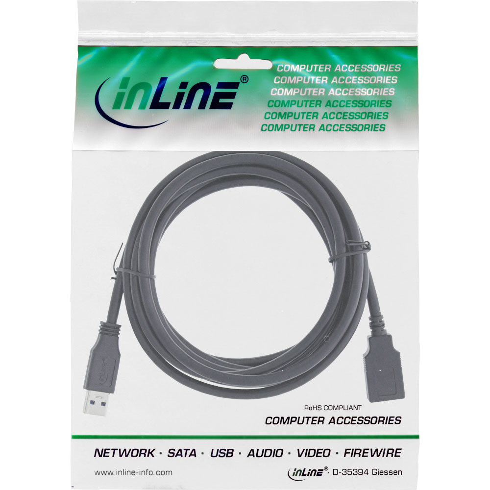 Zwarte USB-kabel in een plastic zak, met tekst en logo, op witte achtergrond.