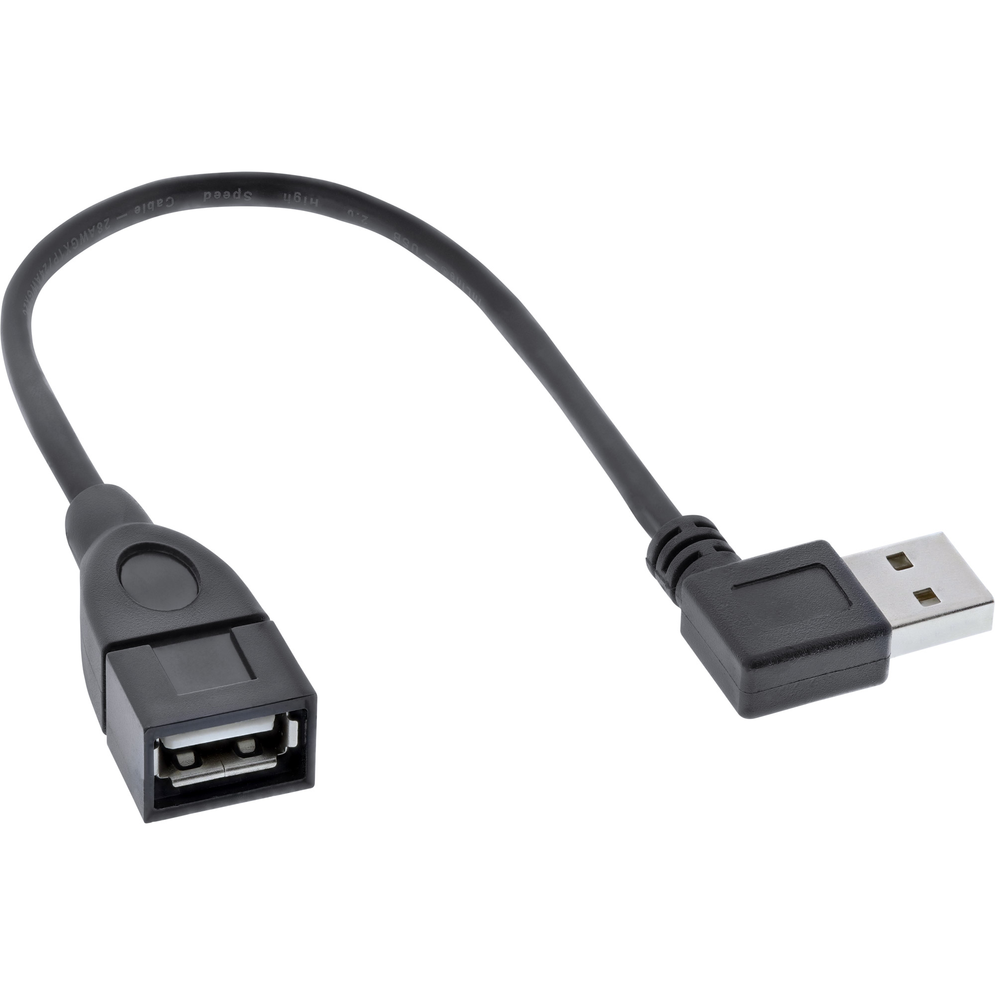 Câble USB vers USB-A noir, connecteur coudé, sur fond blanc. USB-A visible.