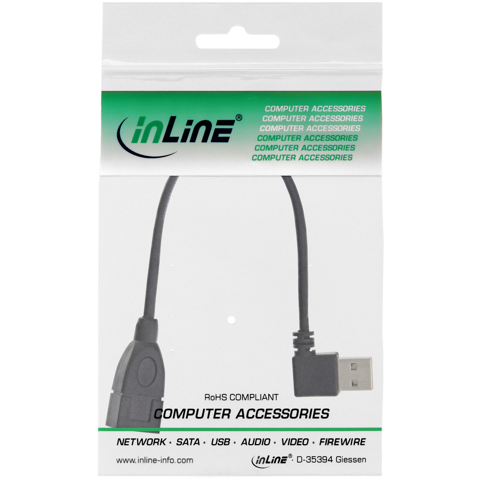 Un emballage de câble USB. Le câble est noir avec des connecteurs.