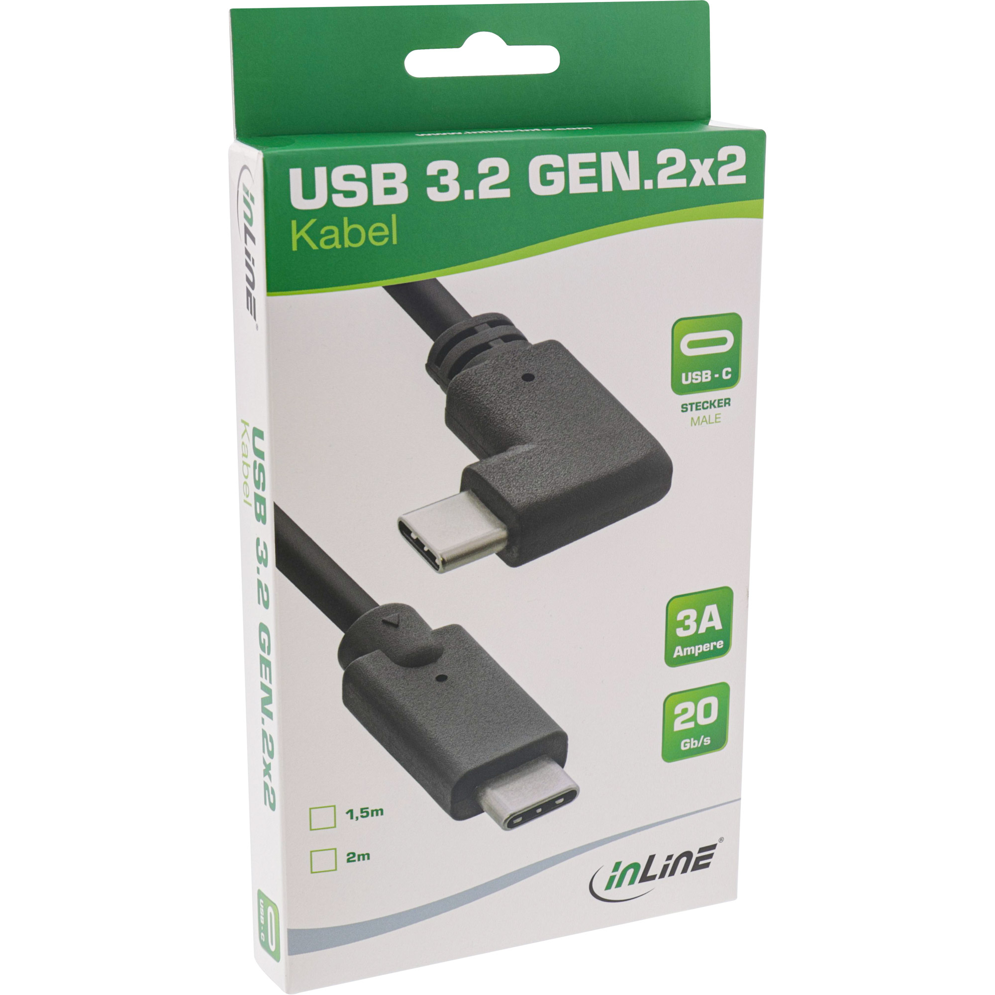 USB 3.2 Gen.2x2 kabeldoos met zwarte USB-C connectoren. Toont USB-C Male en specificaties.