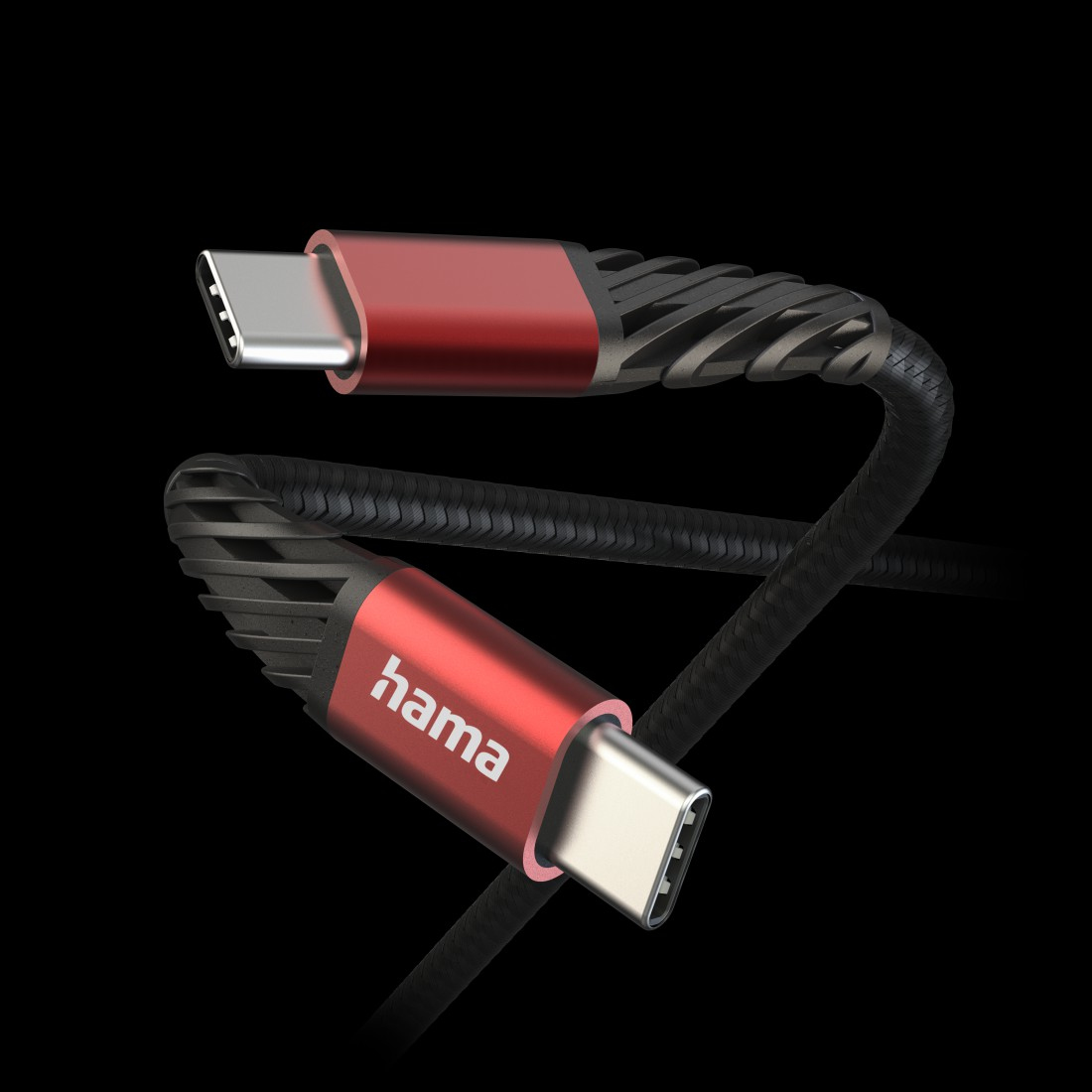 Câble USB-C rouge et noir de Hama. Les deux extrémités sont rouges avec des connecteurs métalliques et le logo Hama.