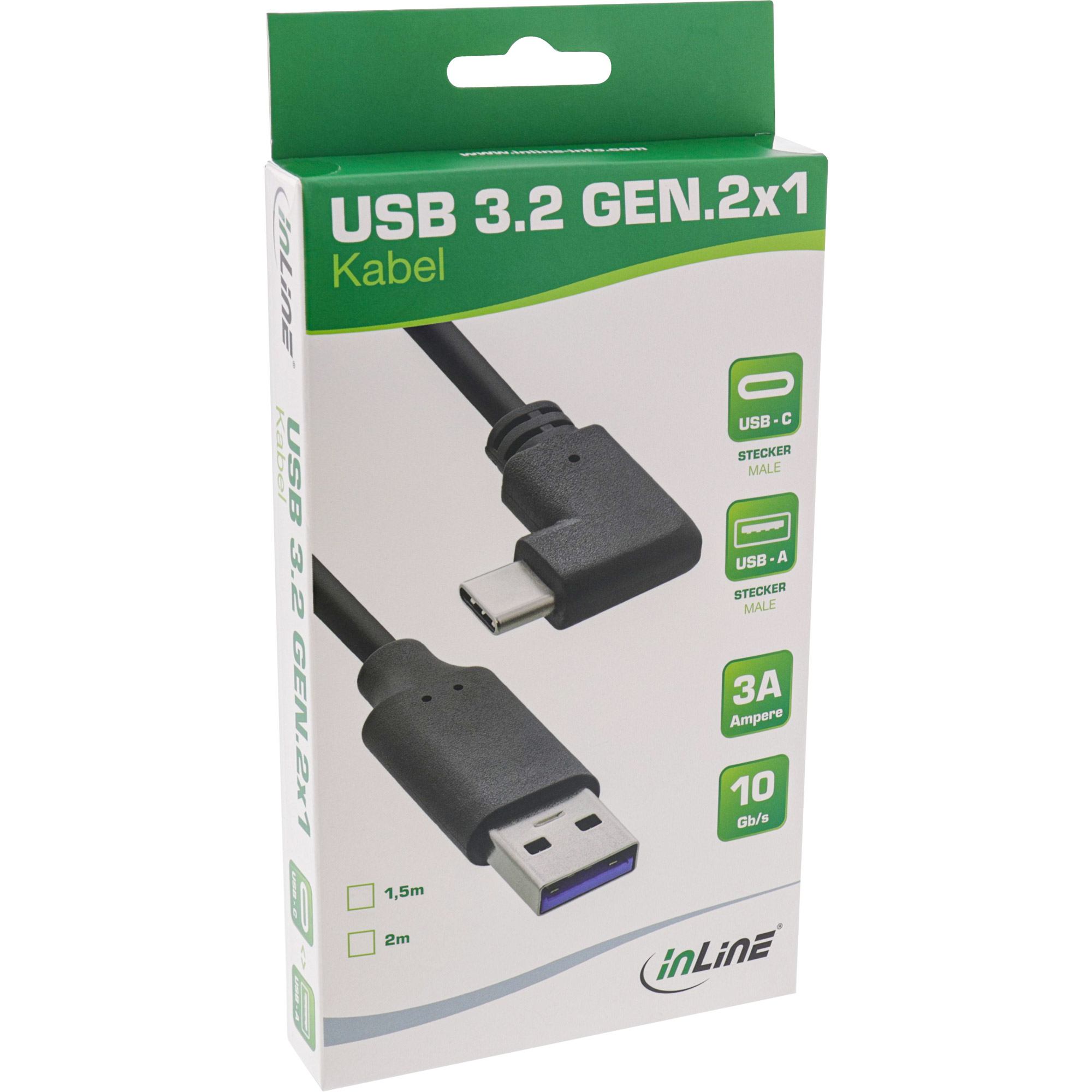 Scatola per cavo USB 3.2 bianca e verde con informazioni sul prodotto. Mostra connettori USB-C e USB-A.