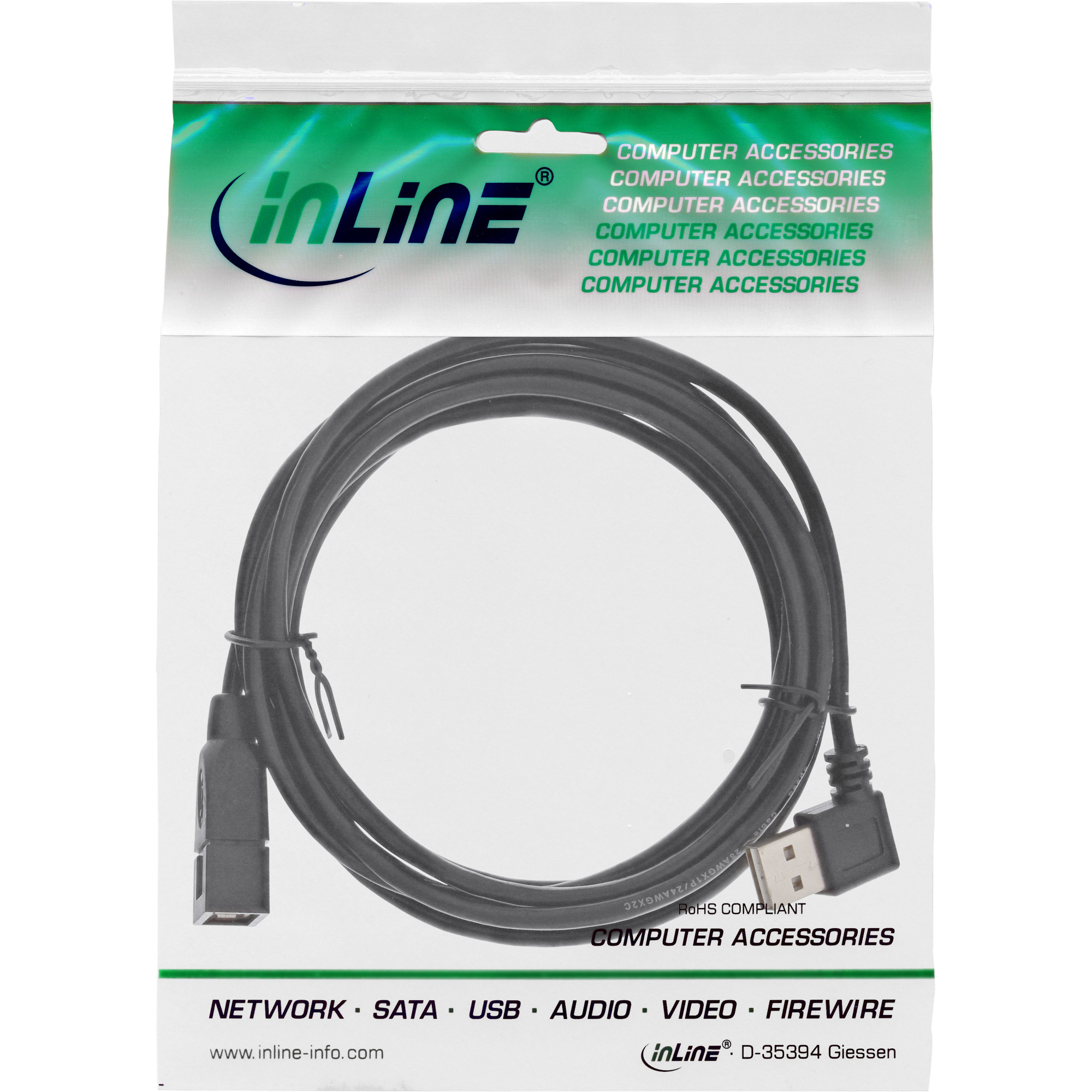 Een zwarte USB-kabel in een plastic verpakking met tekst die computeraccessoires aangeeft.