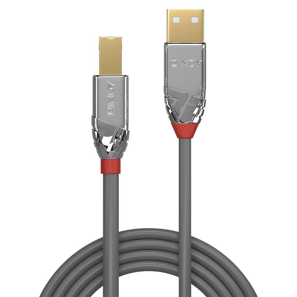 Szary kabel USB ze złotymi złączami i czerwonymi akcentami.