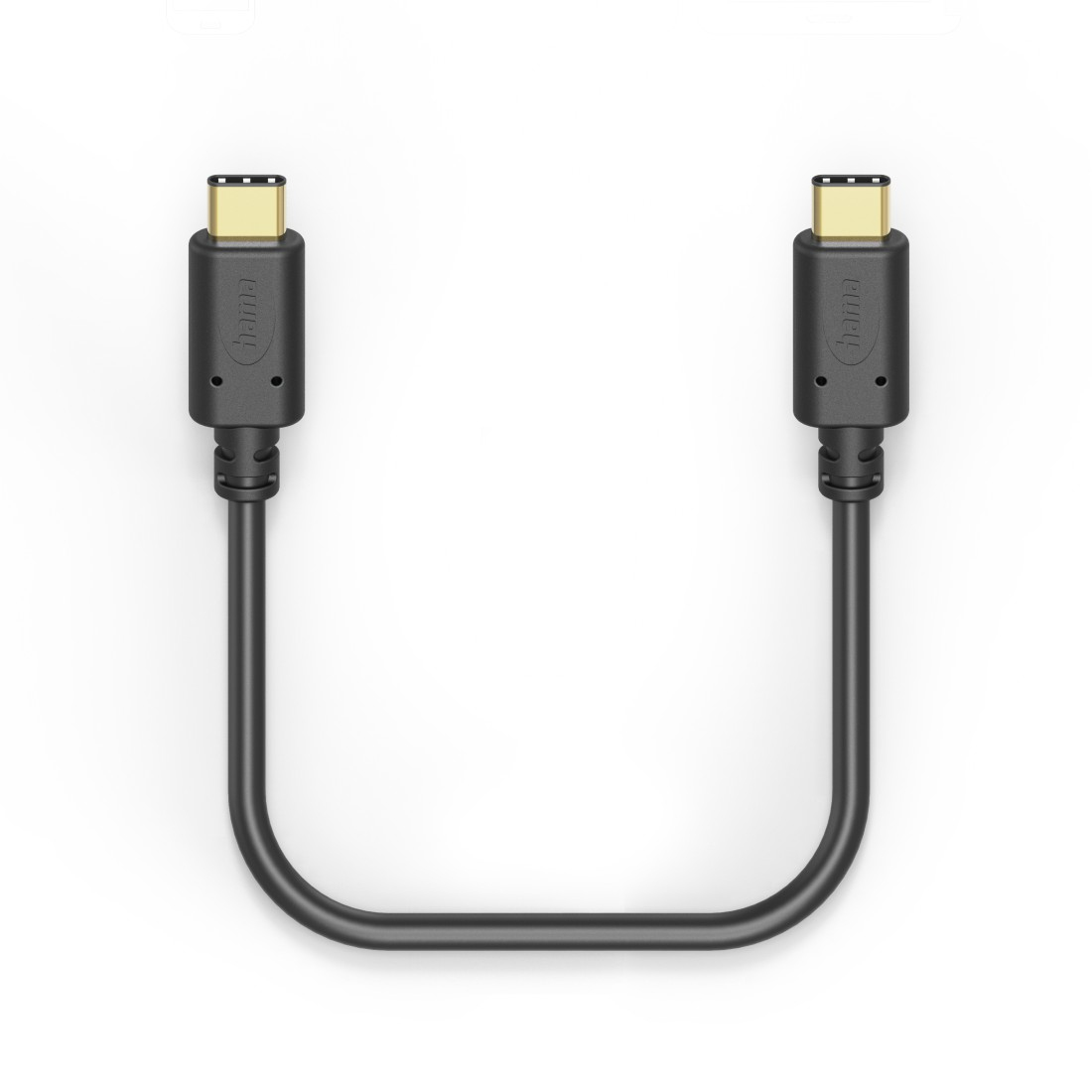 Cavo USB-C nero con connettori dorati, su sfondo bianco. Marchio 'hama'.