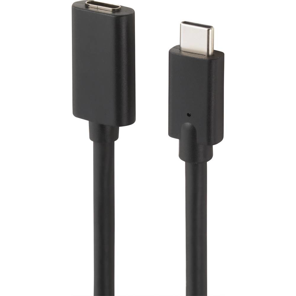 Czarny kabel USB-C do USB-C, złącza w centrum uwagi, białe tło.