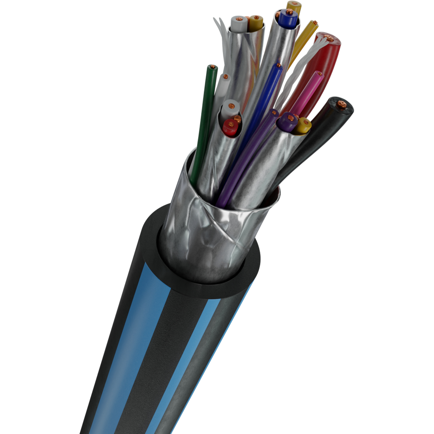 Ein aufgeschnittenes Kabel mit mehreren farbigen Drähten und blauer Außenhülle.