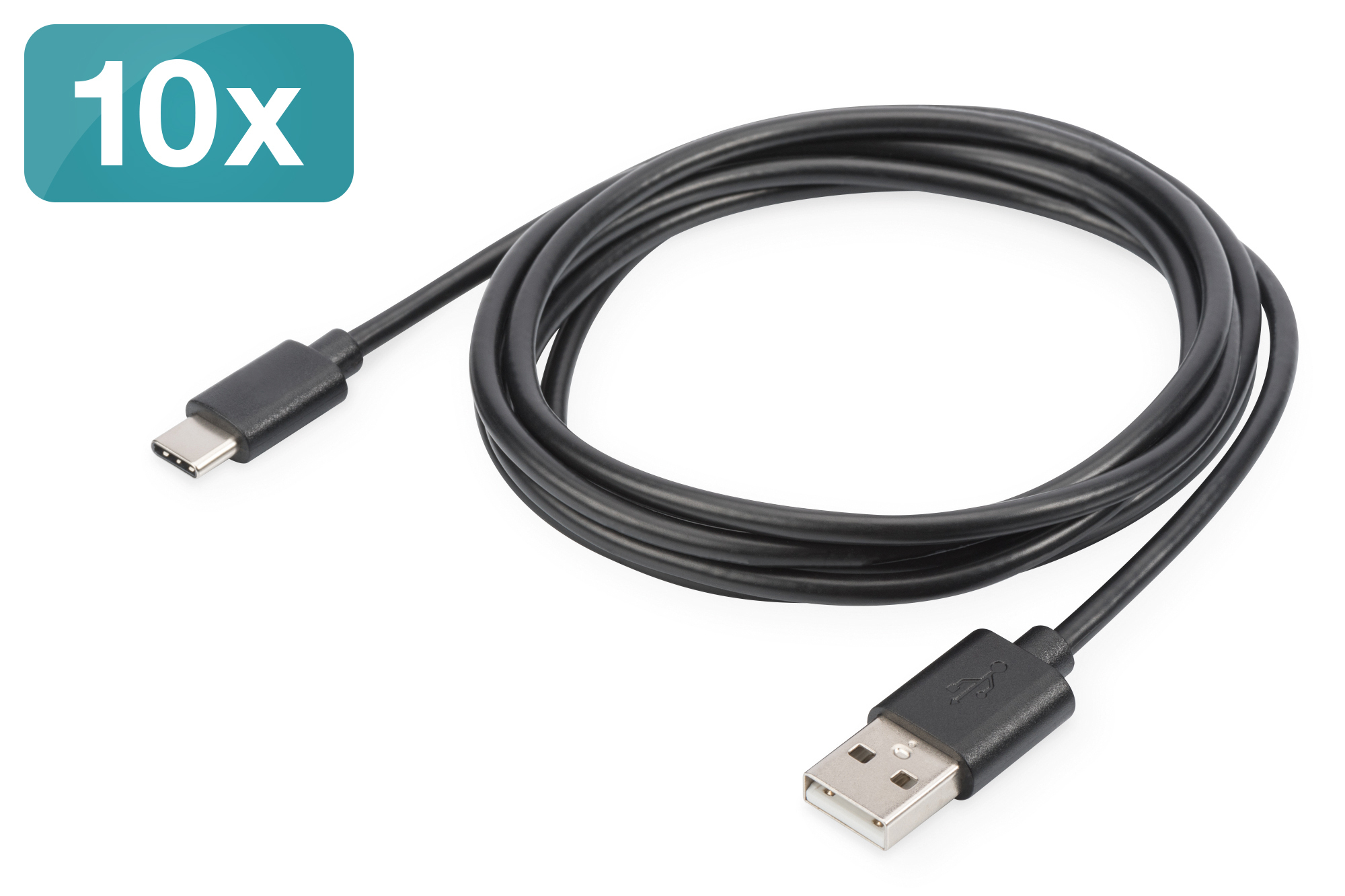 Dieci cavi USB-C neri con connettori USB-C e USB-A su sfondo bianco.