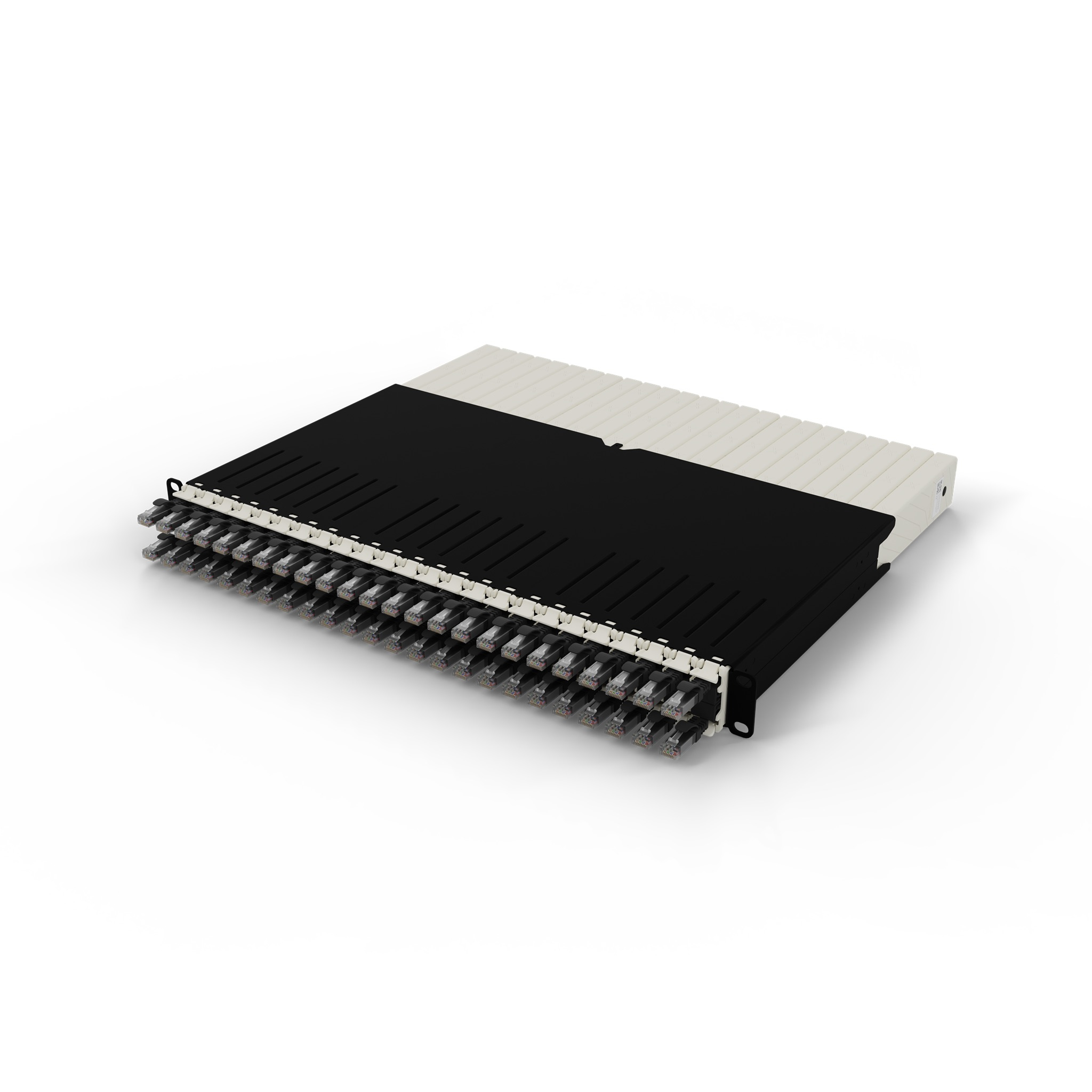 Switch di rete bianco e nero con porte ethernet, sfondo bianco.